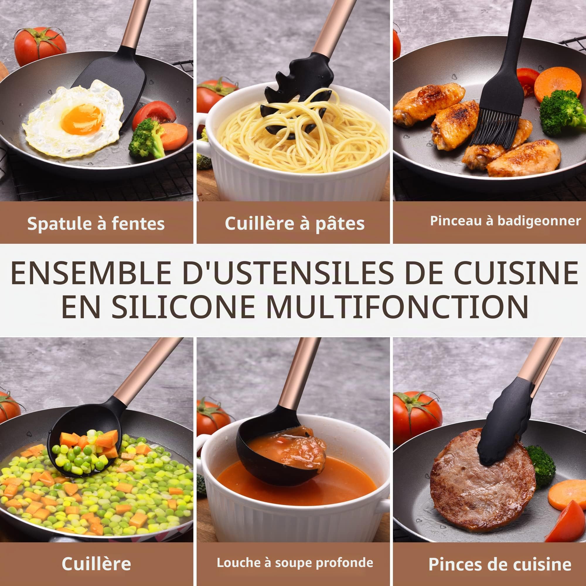 BBN Lot d'ustensiles de cuisine en silicone, 17 pièces, accessoires de cuisine en silicone or rose, antiadhésifs résistants à la chaleur, utilisation pour la cuisine