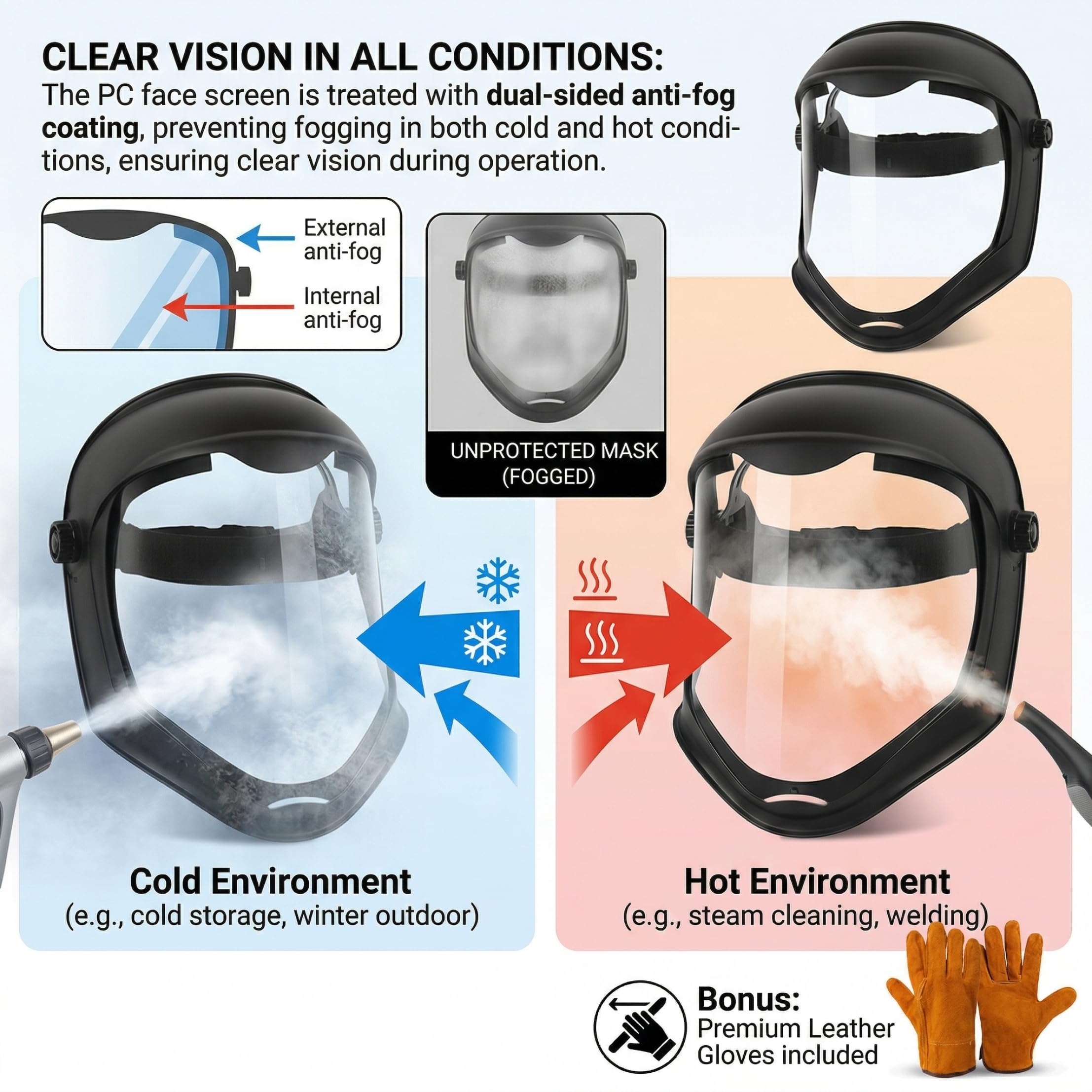 Vollgesichtsmaske, HD-Antibeschlag-Vollgesichtsschutz mit Handschuhen, schlagfestes PC-Visier, Schutzmaske zum Schleifen, Schweißen, Rasenmähen