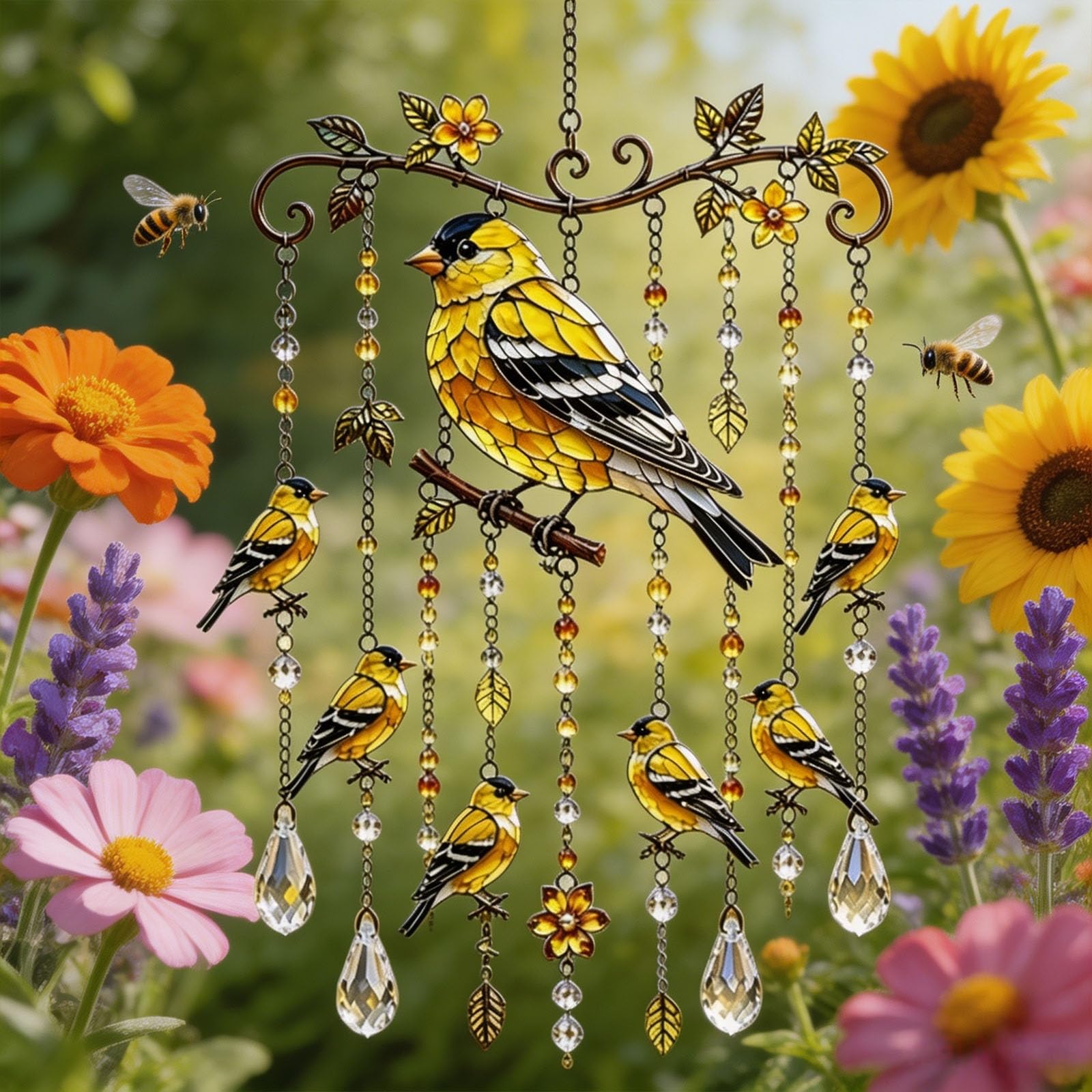 OLYGEE Graceful Hummingbird Wind Chimes for Outside, Stained Glass Crystal Sun Catcher Windchime, Colorful Yard Garden Decor Memorial Gift for Grandma Women (#E)