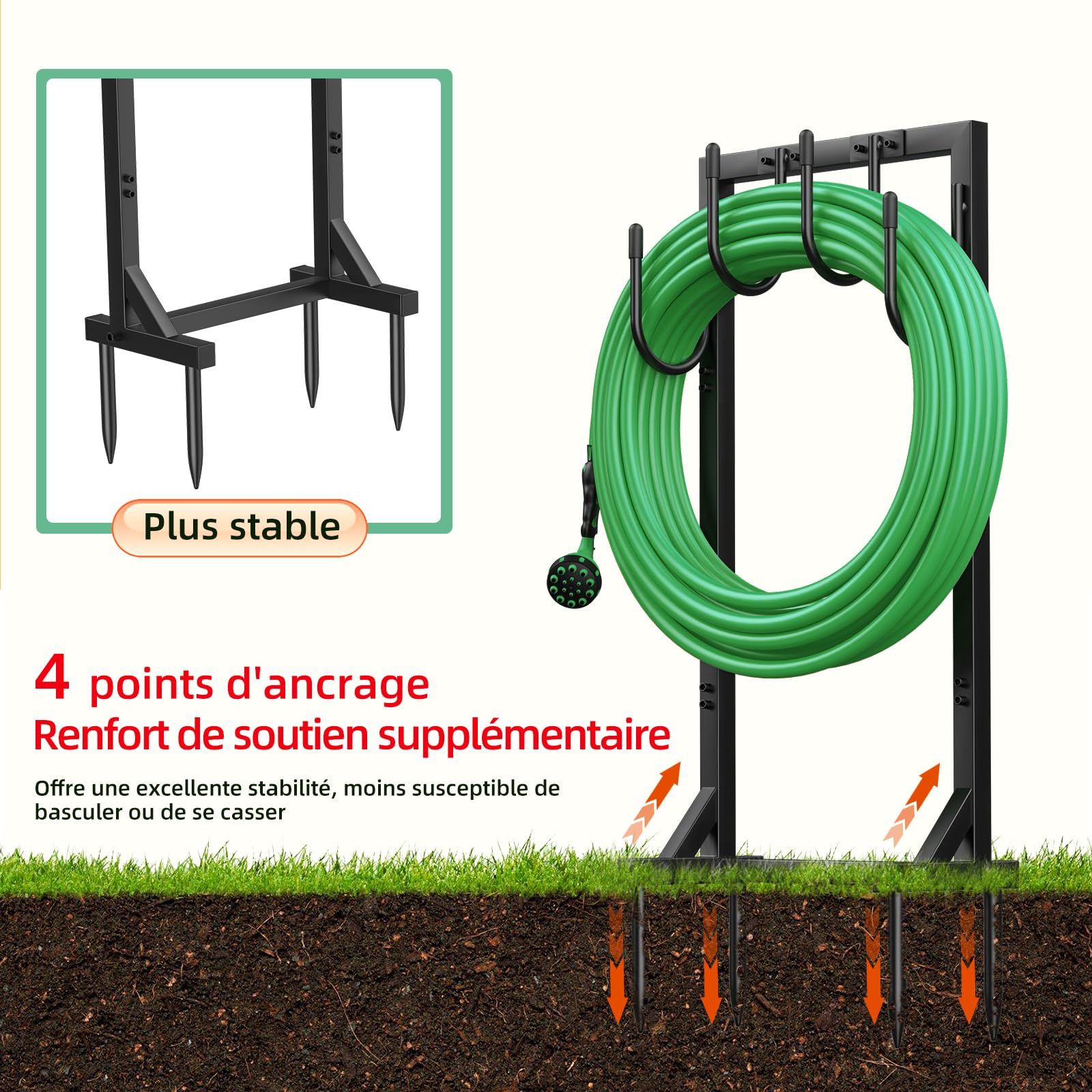 Support pour Tuyau d'arrosage 109,5 cm Enrouleur Métallique 45 mètres 4 Crochets Jardin