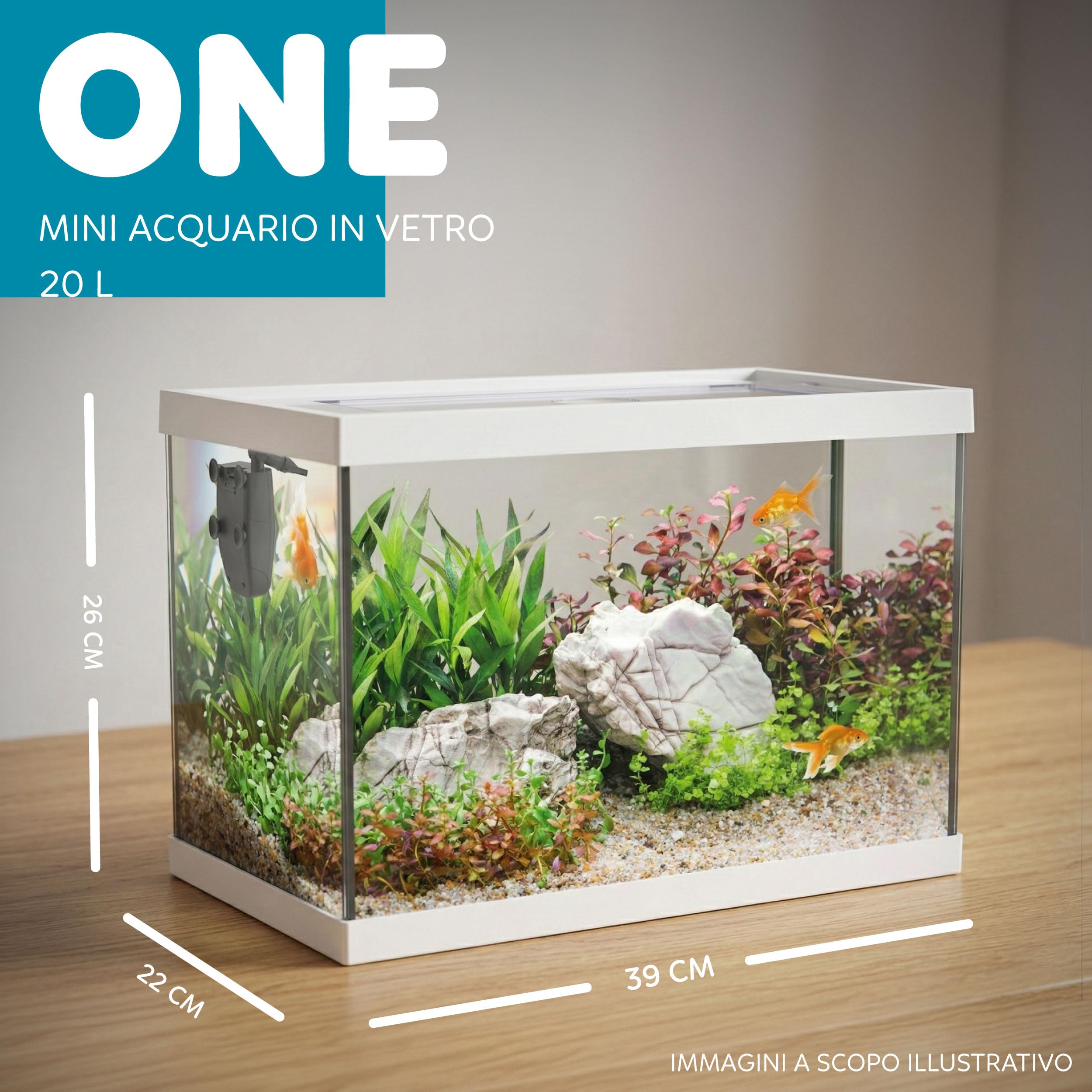 AQPET One Mini Acquario in vetro Bianco 20 litri – acquario completo con filtro interno, sabbia, pianta decorativa e sfondo – design elegante 36x22x26 cm, ideale per principianti