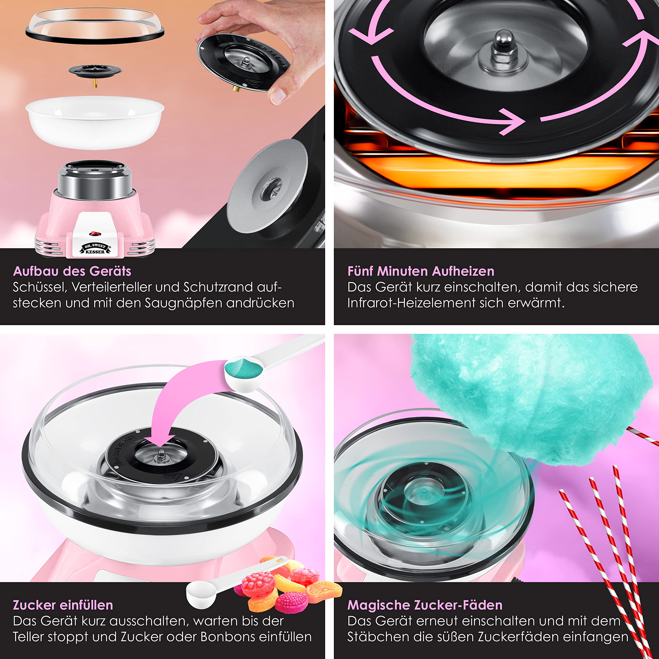 KESSER® Zuckerwattemaschine 500 W 22 cm Retro Cotton Candy Maschine Rosa Weiß Set