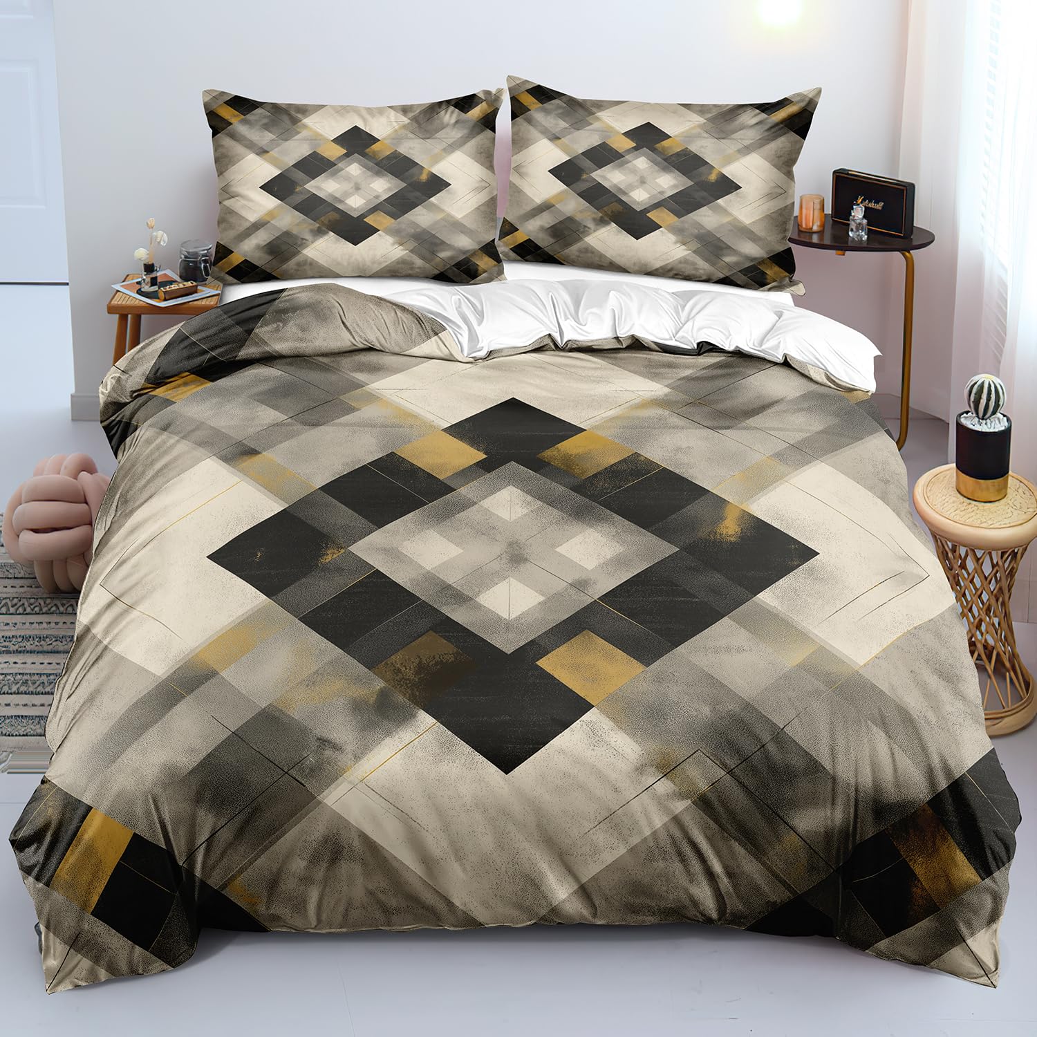 Housse de couette 200x200 géométrique noire et grise à losanges pour lit double toutes saisons