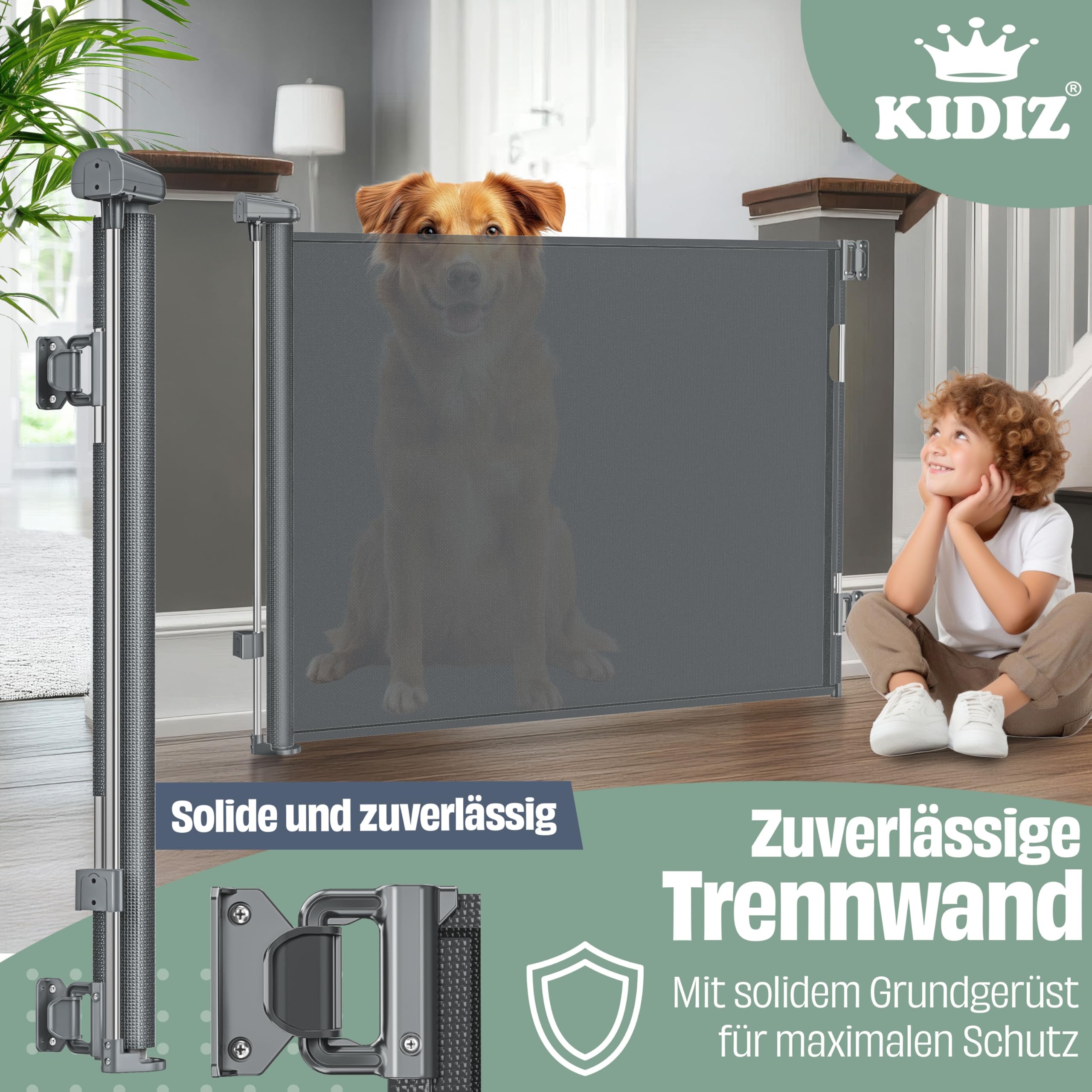 KIDIZ® Treppenschutzgitter ausziehbar 0-180CM kindersicheres Treppengitter für Babys & Haustiere inkl. Bodenanker
