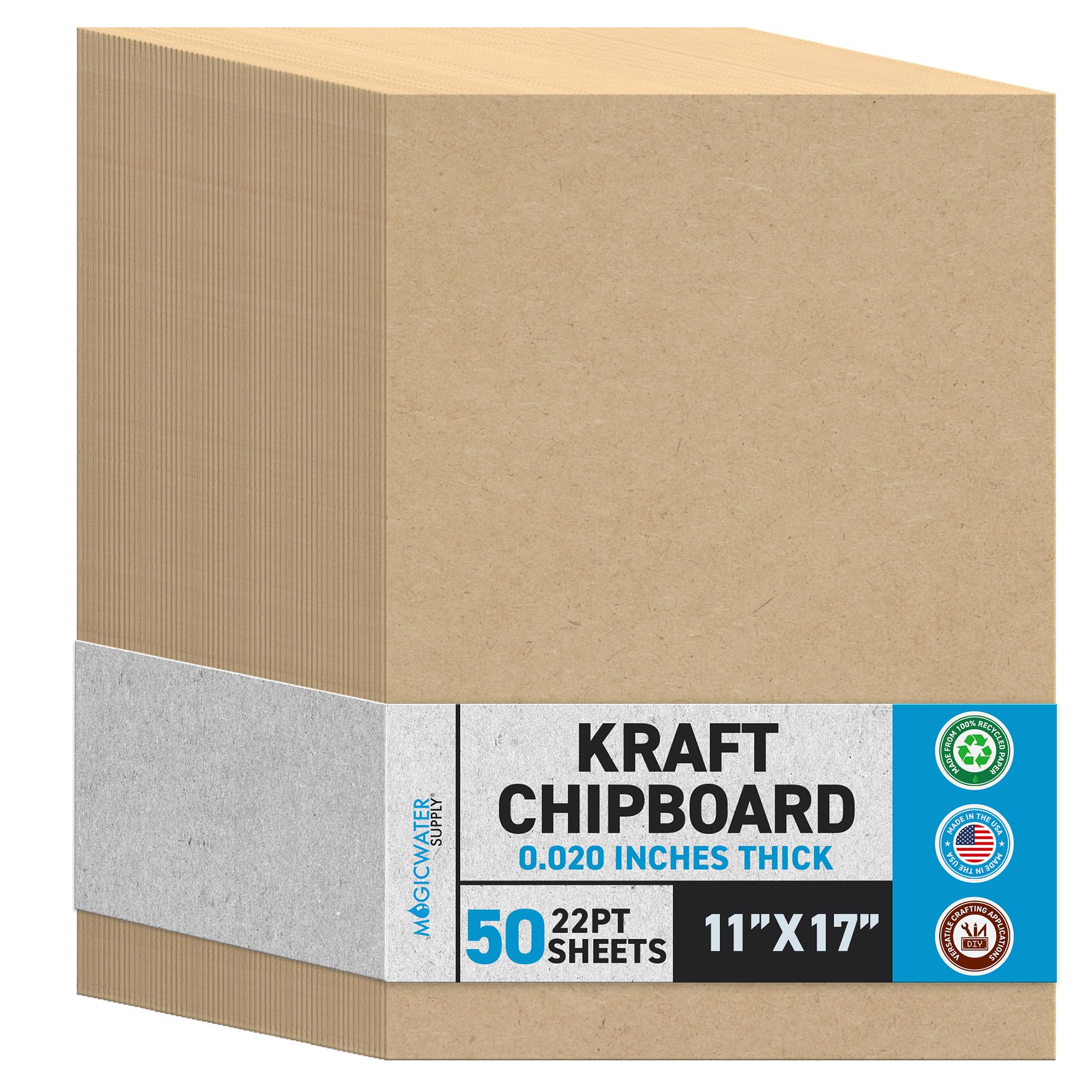 MagicWater Chipboard Sheet for DIY Projects - 11x17 Inch - 50 Pack - 22 pt - Heavy Duty Kraft (0.020 Inch Thick) Paperboard, For Scrapbooking, Books,