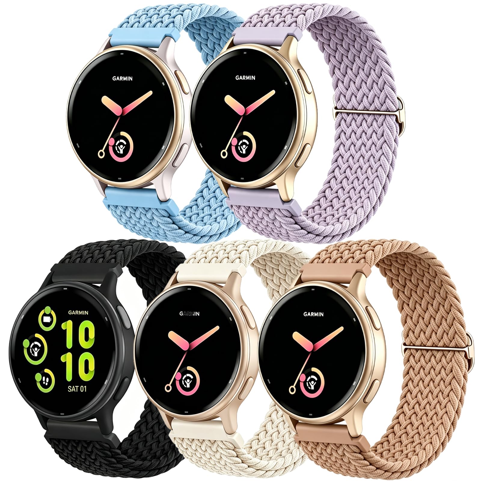 5 Pack nylon Braided 20mm Watch Straps Compatible with Garmin Vivoactive 5/6 Strap, Adjustable Stretchy Solo Loop for Garmin Venu 2 Plus/Sq/Forerunner 55/245 Music/645/645 Music Strap for Women Men