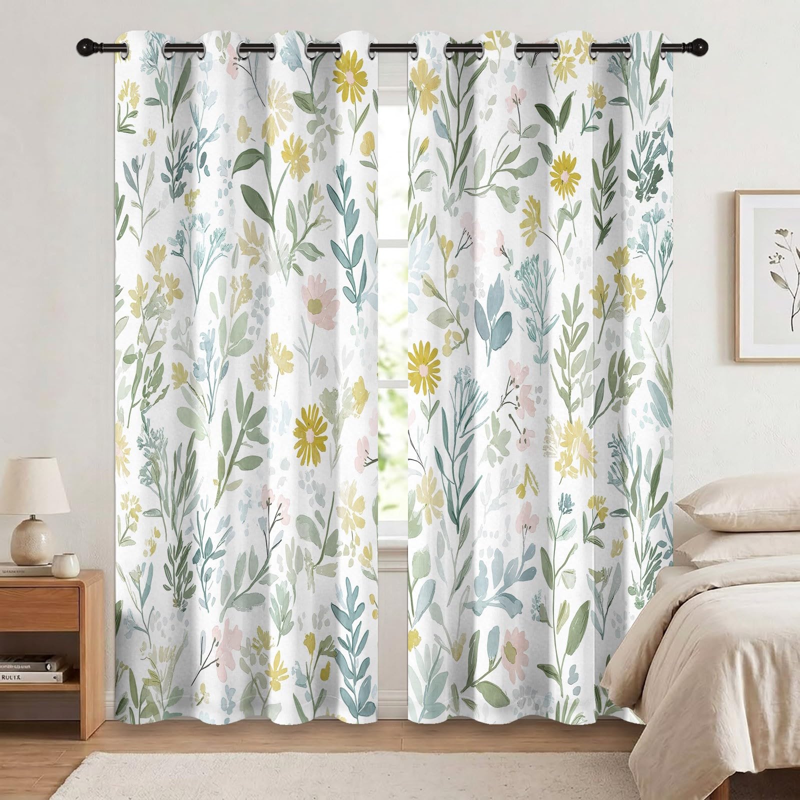 Rideau occultant Motif À Fleur De Fleurs Sauvages, Plantes Et Fleurs Rideaux œillets Isolation Thermique Traitements fenêtre à œillets pour Pépinière, 140L X 260H cm (2 Panneaux), Bleu