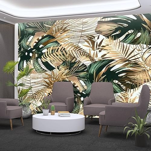 Miniatura 2 de Papel tapiz de PVC sin costuras con hojas tropicales doradas y verdes sobre un fondo blanco, papel de contacto autoadhesivo extraíble, papel de