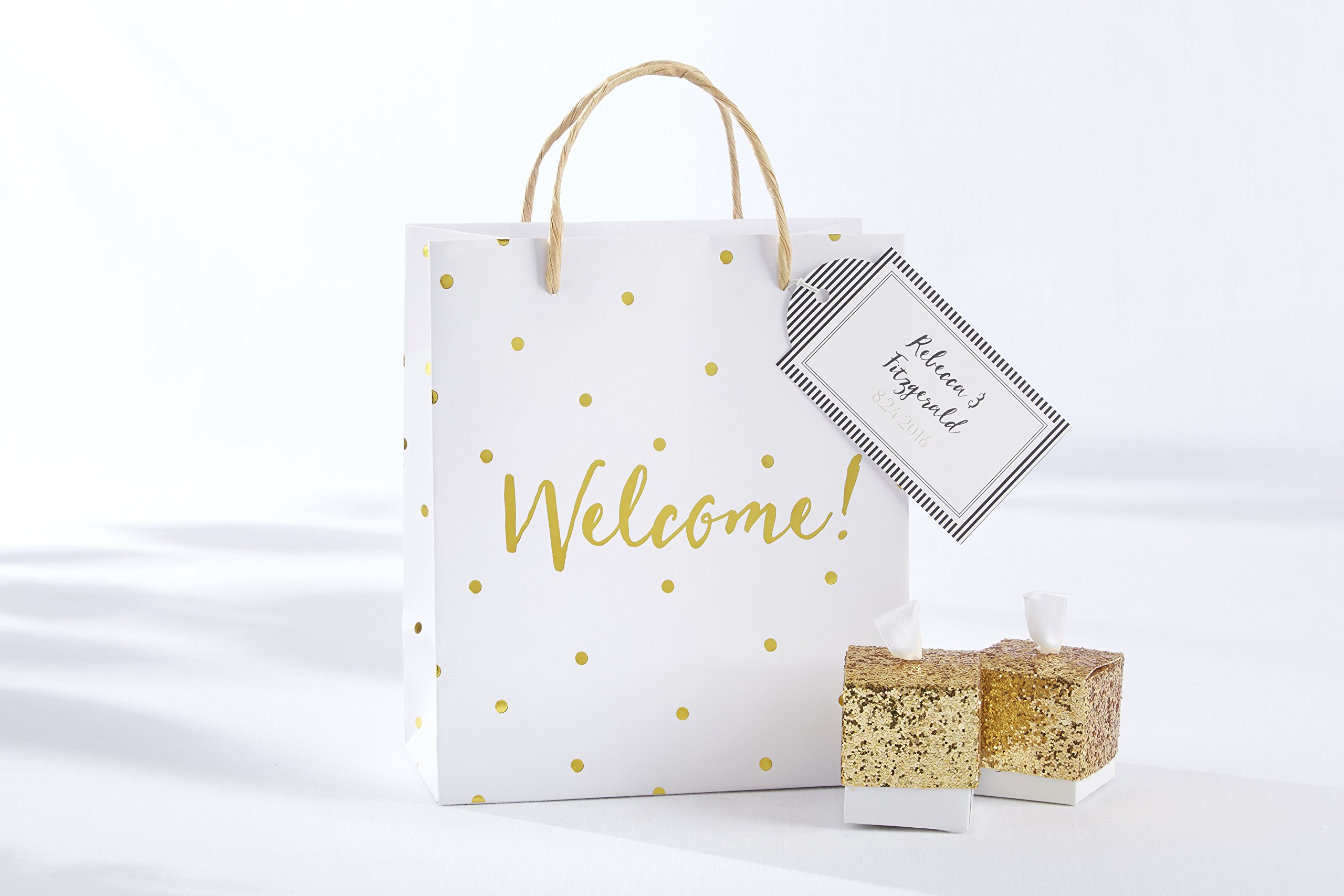 50 Willkommens-Geschenktüten Mit Griffen – Mittelgroß, Goldfolie, 20,3x12,9x25,4 Cm, Aus Recyclingpapier