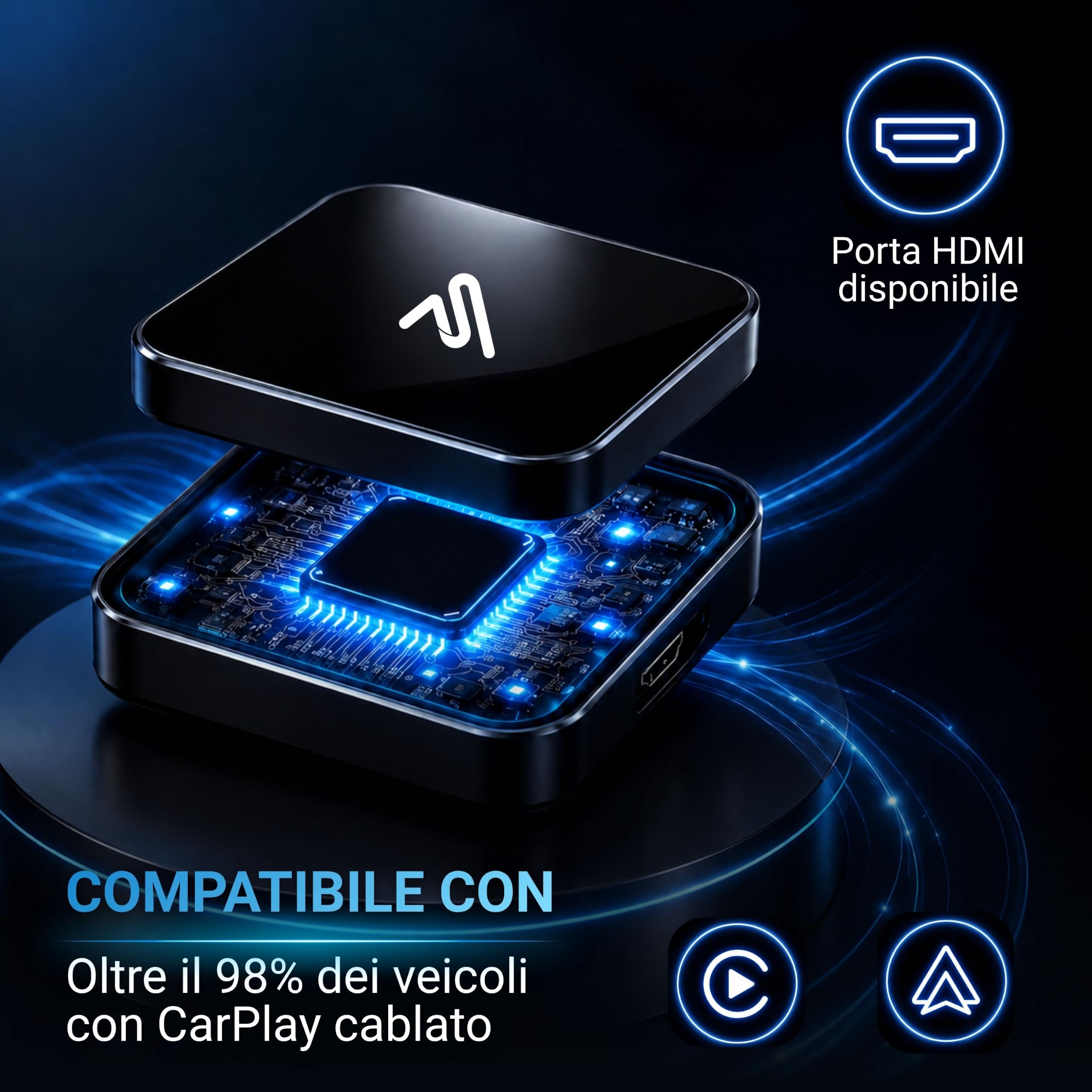AutoSky CPHM2 Adattatore HDMI CarPlay e Android Auto Wireless per Auto | Converte sistemi cablati in wireless, ingresso HDMI, Wi-Fi e Bluetooth, video fino a 2K 60 Hz, alimentazione USB 5 V