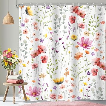 Watercolor Pink Floral Shower Curtain - 72x72 Inches, Rustic Wildflower Design, Modern Minimalist Boho Botanical Print, Perfect for Spring & Fall Bathroom Decor with Hooks Included