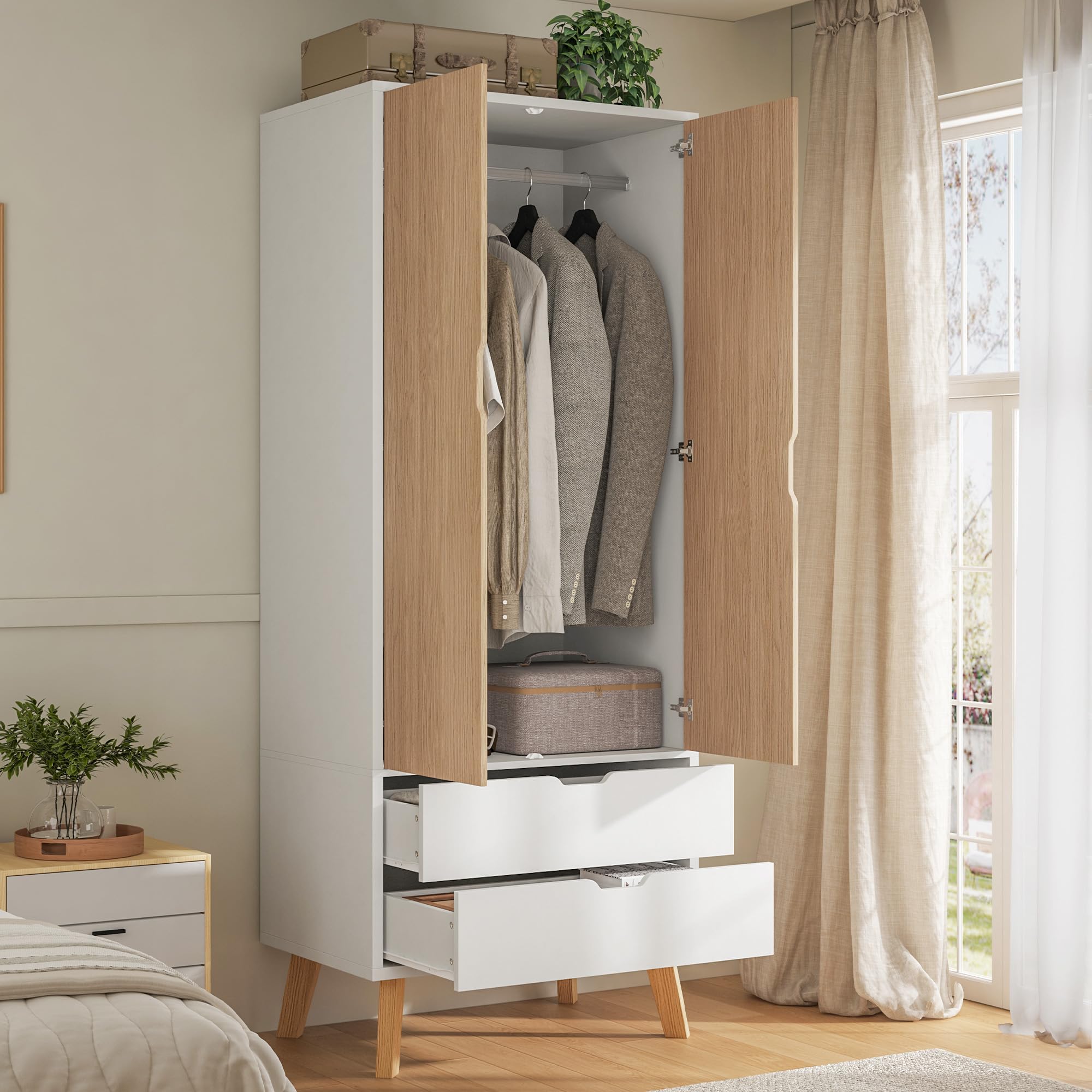 LUXOAK Armario Ropero para Dormitorio con 2 Puertas y 2 Cajones, Blanco y Efecto Madera, con Barra para Colgar, 198 x 76 x 50 cm