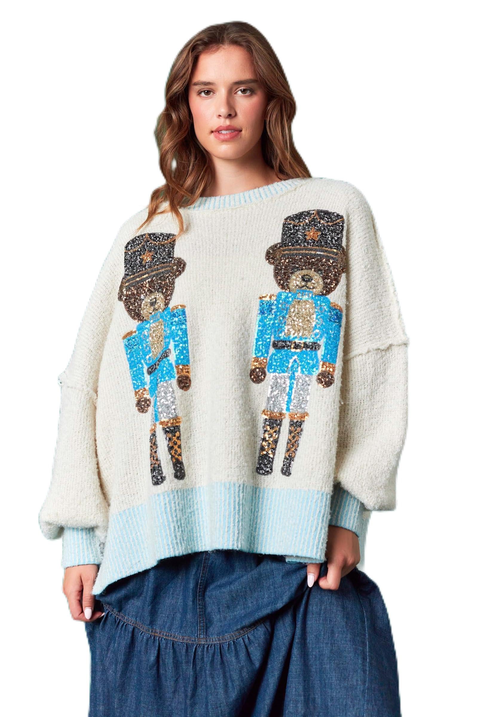 Hey Sweetie Womens Christmas Sequins Bear Nutcrackers Detail 2 Tone Rib Knitting Detailed Bumpy Knitting Sweater Winter Clothing