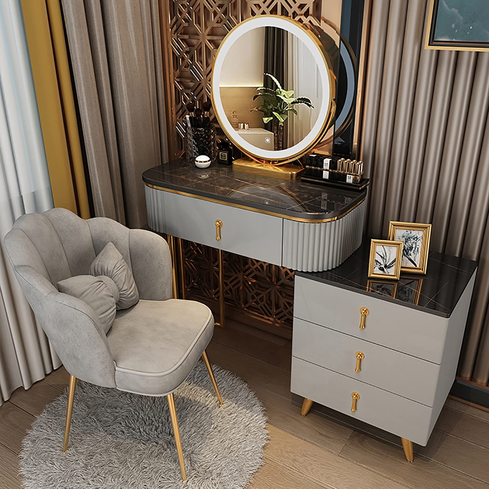 asdchZen Modern Vanity Desk Set With Led Lights Adjustable Cabinet And Cushioned Stool 3 Lighting Modes Ideal For Home Bedroom Studio,Black+gold-80cm/31.5in
