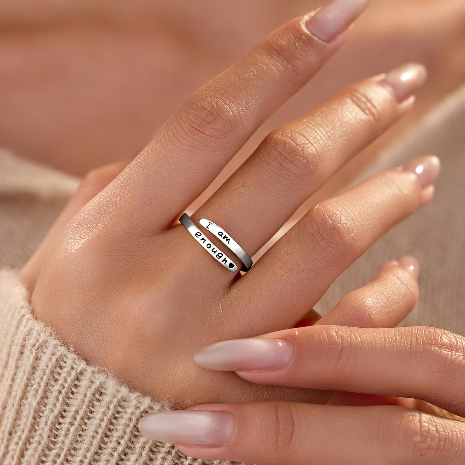 I am Enough Rings for Women,925 Sterling Silver Inspirational Mantra Statement Open Ring for Men 14k Gold Plated Faith Over Fear Wrap Encouragement Adjustable Ring to Daughter Birthday Mother's Day Jewelry Gift