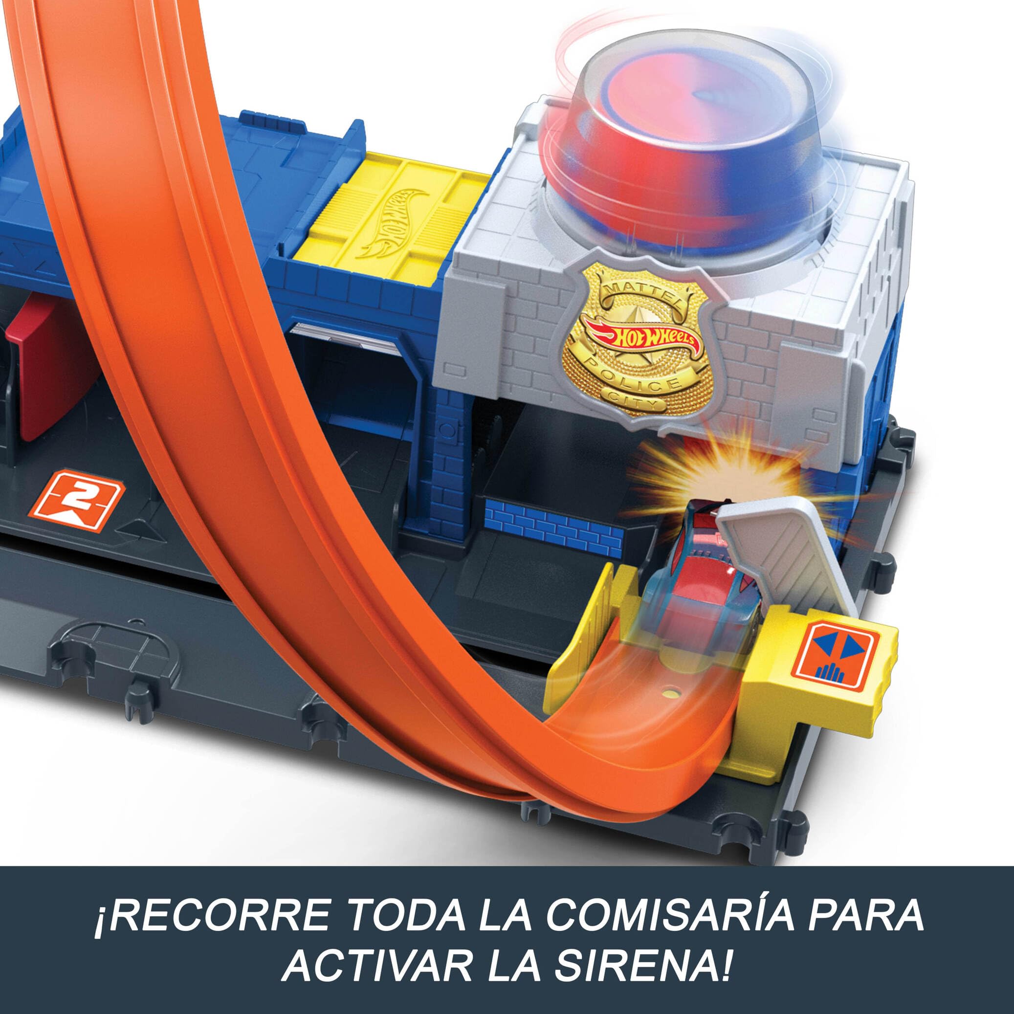 Hot Wheels Supercomisaría de policía Conjunto de pista, conjunto de juego con coche de juguete metálico a escala 1:64, looping regulable para hacer carreras y acrobacias de varias formas, JBM71