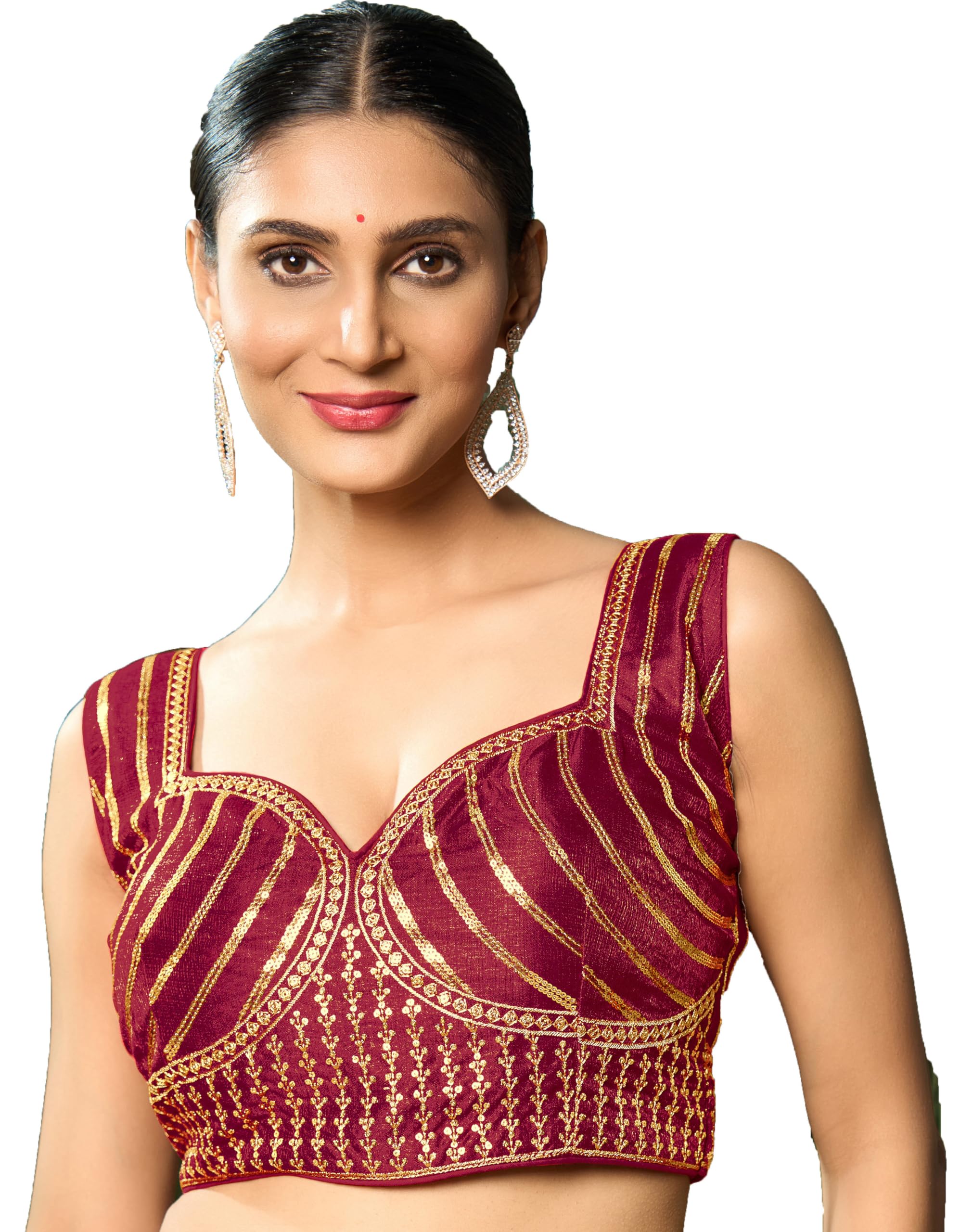 Pujia Mills Women's Readymade Sleeveless Sweetheart Neck Back Hook Open Saree Fancy Blouse (Maroon, 38)