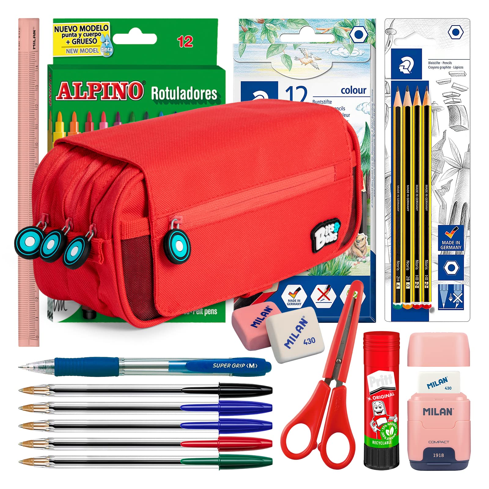 ColePack BitsBobs - Lote de Estuche Portatodo Triple con 3 Cremalleras y Material Escolar de Primeras Marcas Incluido (Rojo)
