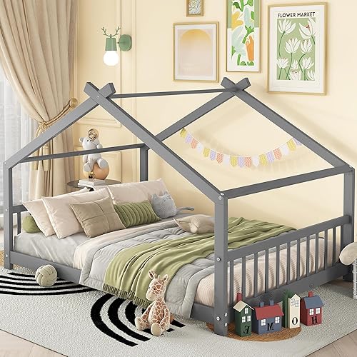 Montessori - Marco de cama de suelo tamaño matrimonial, marco de cama de piso completo con cabecero, estribo y listones, marco de cama Montessori de