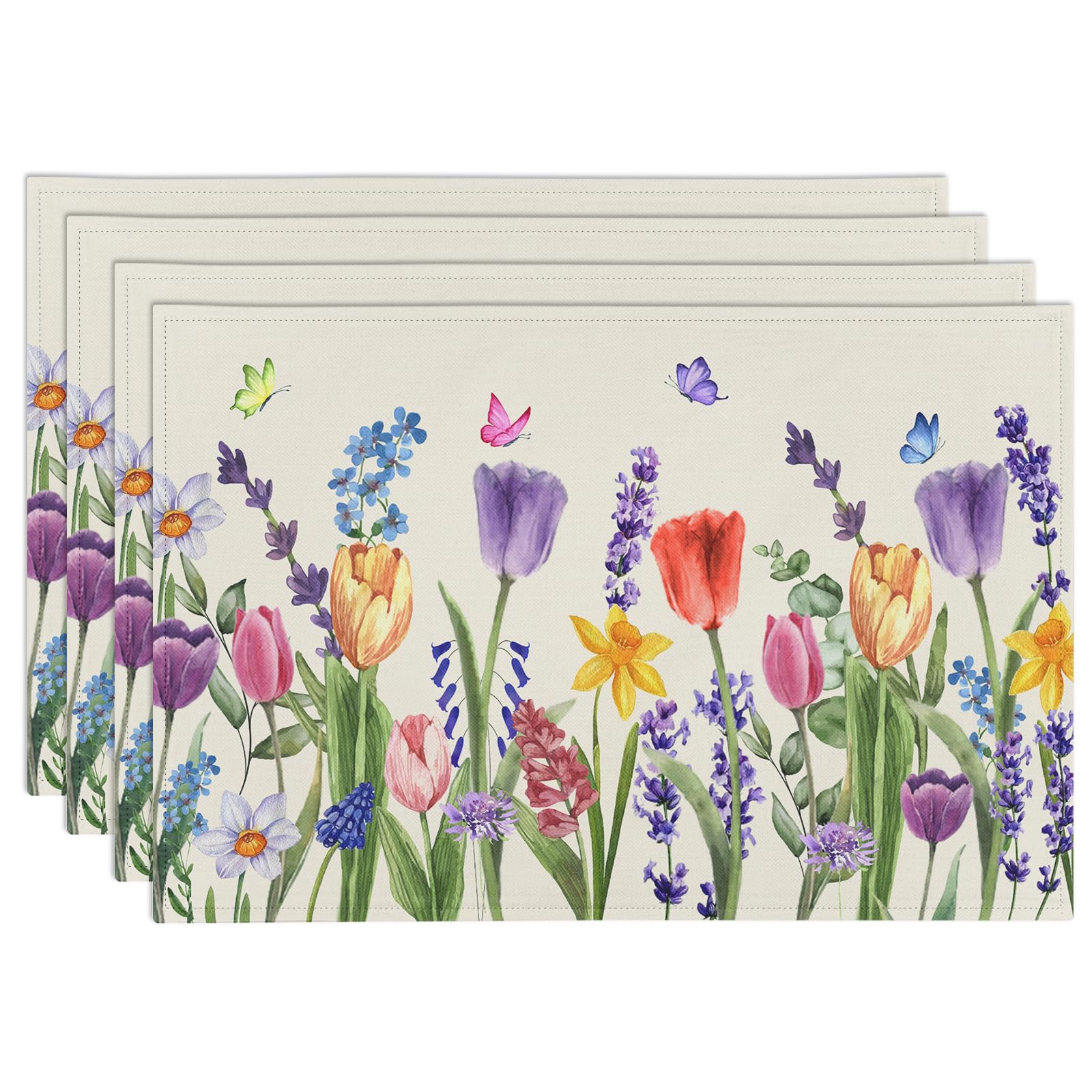 Floral Spring Summer Placemats Set of 4 Spring Placemats Spring Summer Flowers Butterfly Placemats 12x18 Inch Holiday Table Mats for Party Kitchen