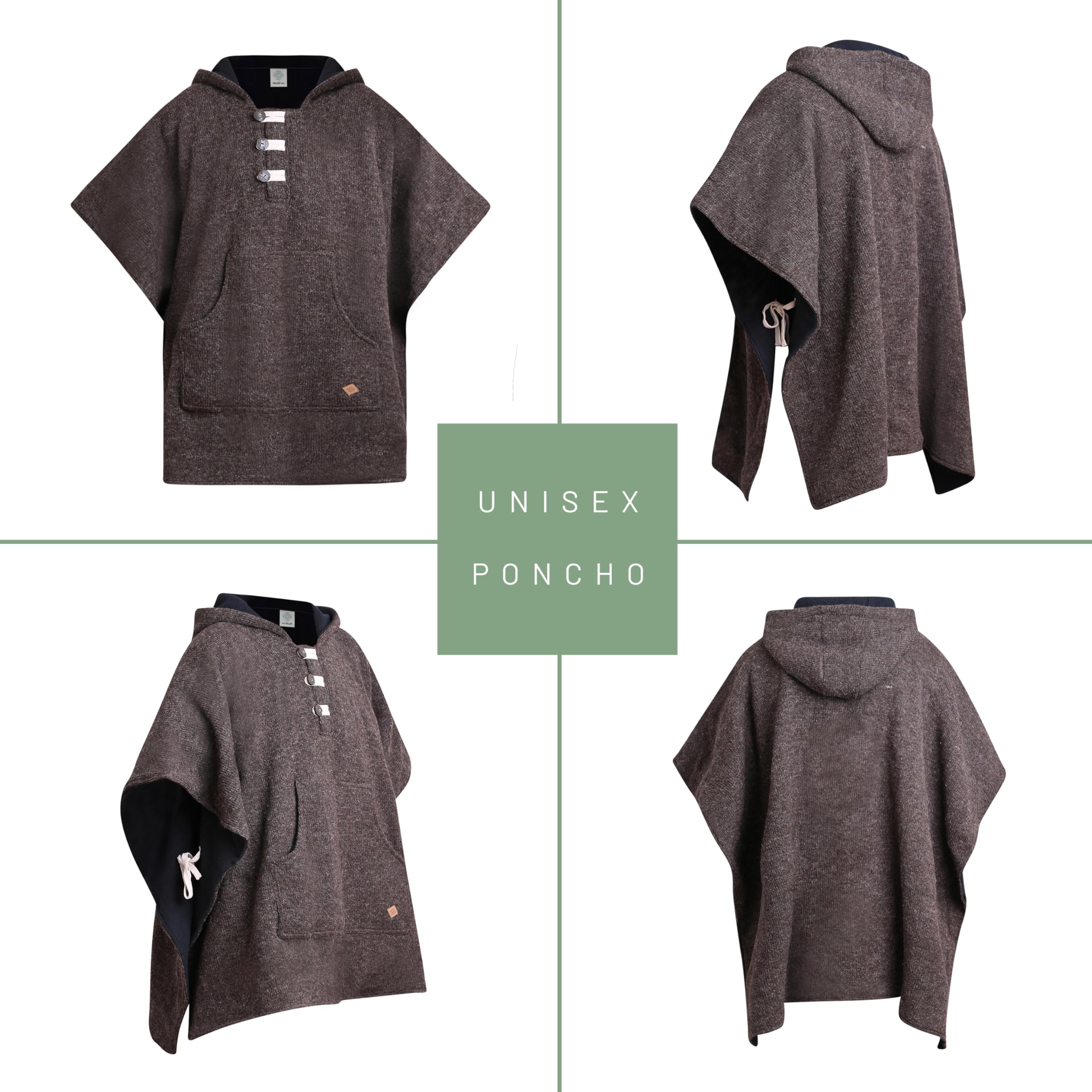 virblatt - Poncho Herren Wolle | Wolle & Polarfleece | Herren Poncho Winter warm Deckenponcho mit Fleece und Kapuze- Arriba Wool braun