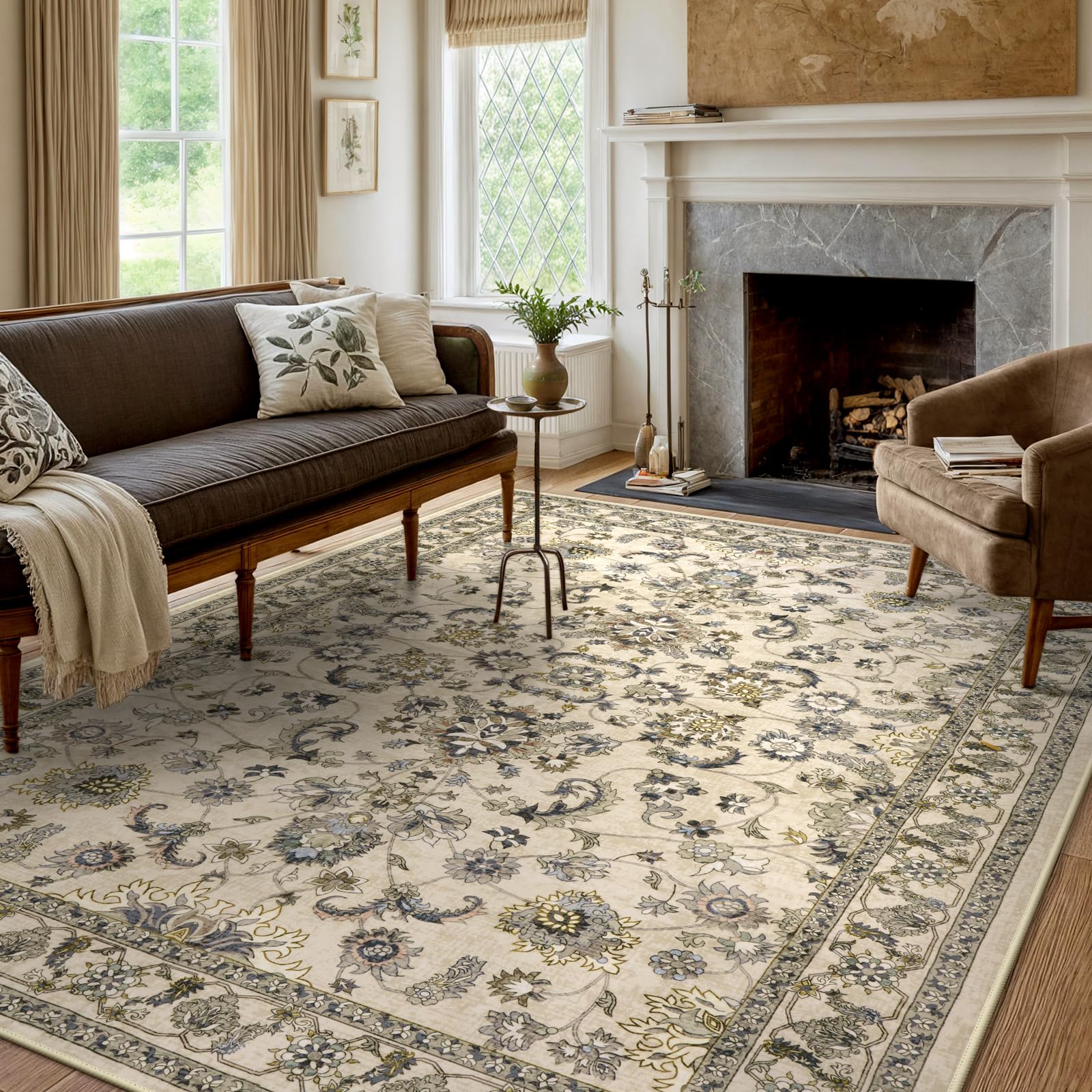 Lukinbox Khaki Area Rugs 8x10, Large Floral Washable Boho Rugs for Living Room, Vintage Non-Slip Accent Rug for Bedroom, Stain Resistant Low-Pile