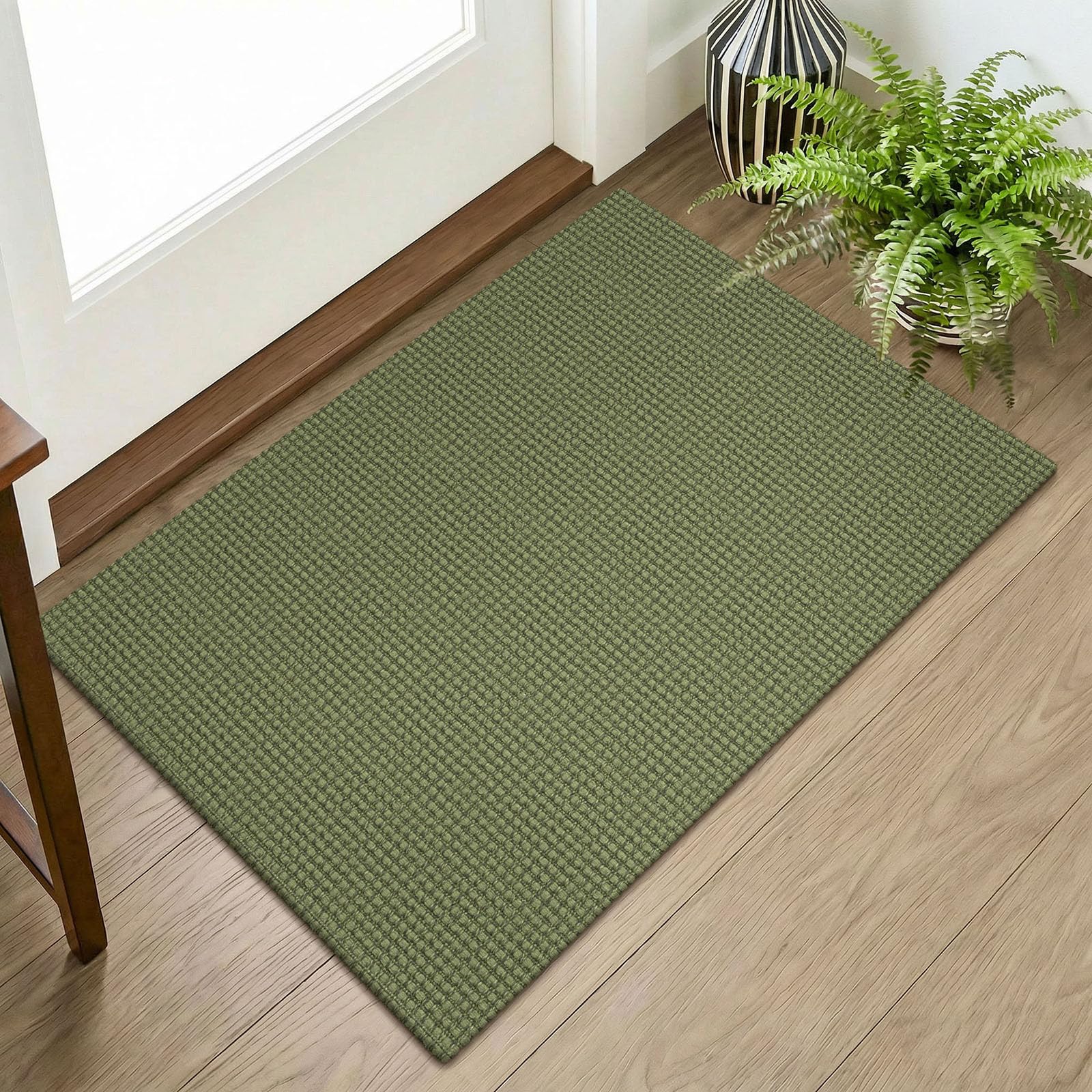 KOZYFLY Indoor Door Mat 2x3 ft Small Area Rugs Washable Front Door Mat Non Slip Rubber Backed Entryway Rug Cotton Entrance Doormat for Front Porch Bathroom Kitchen Bedroom, Olive Green/Earthy Green — image 1