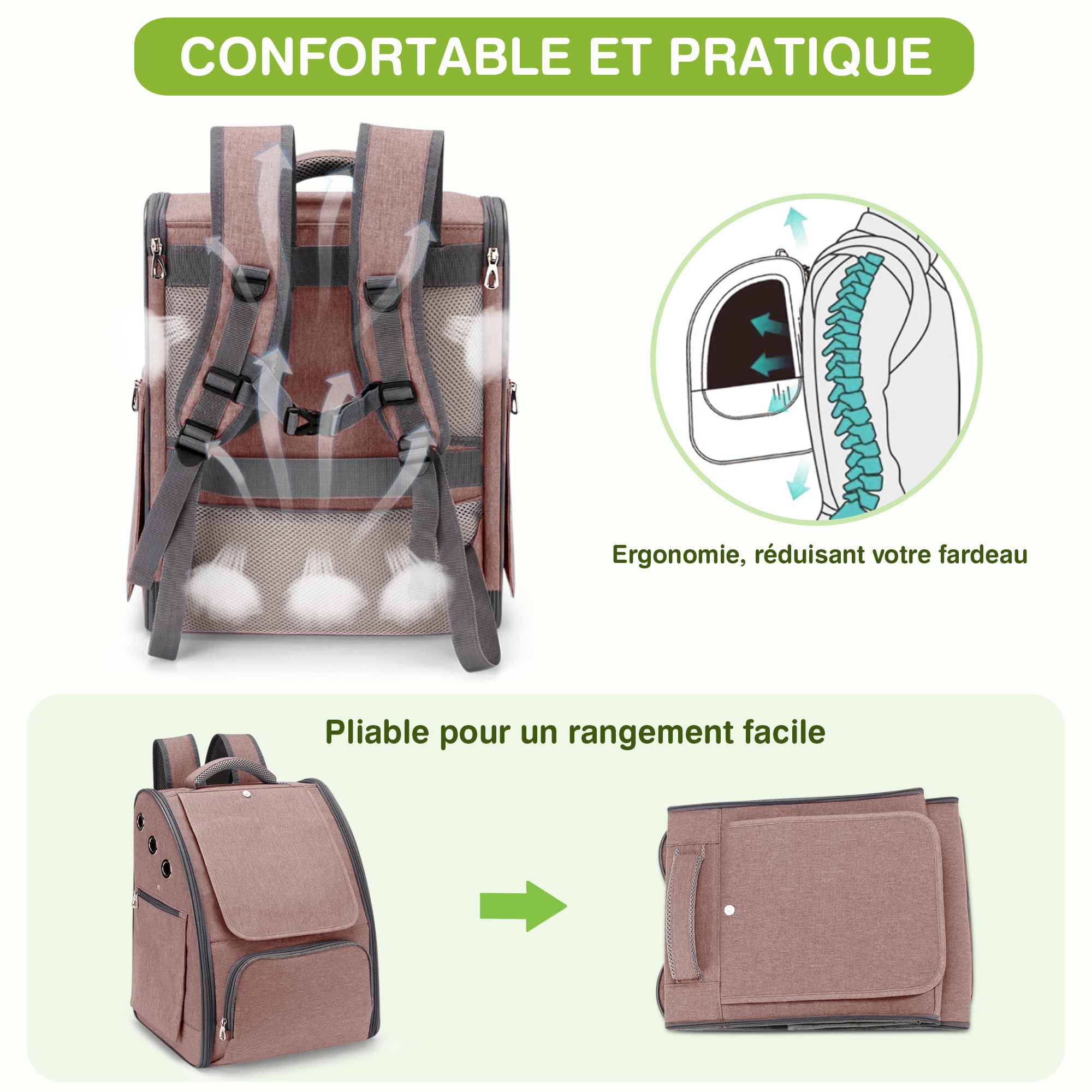 ALLSOPETS Sac à Dos pour Chat et Chien, Pliable et Respirant, Brun Rosé | Sac de Transport Chat avec Pare-Soleil Rétractable et Design Respirant, Sac pour Confortable pour Voyage, Randonnée, Camping
