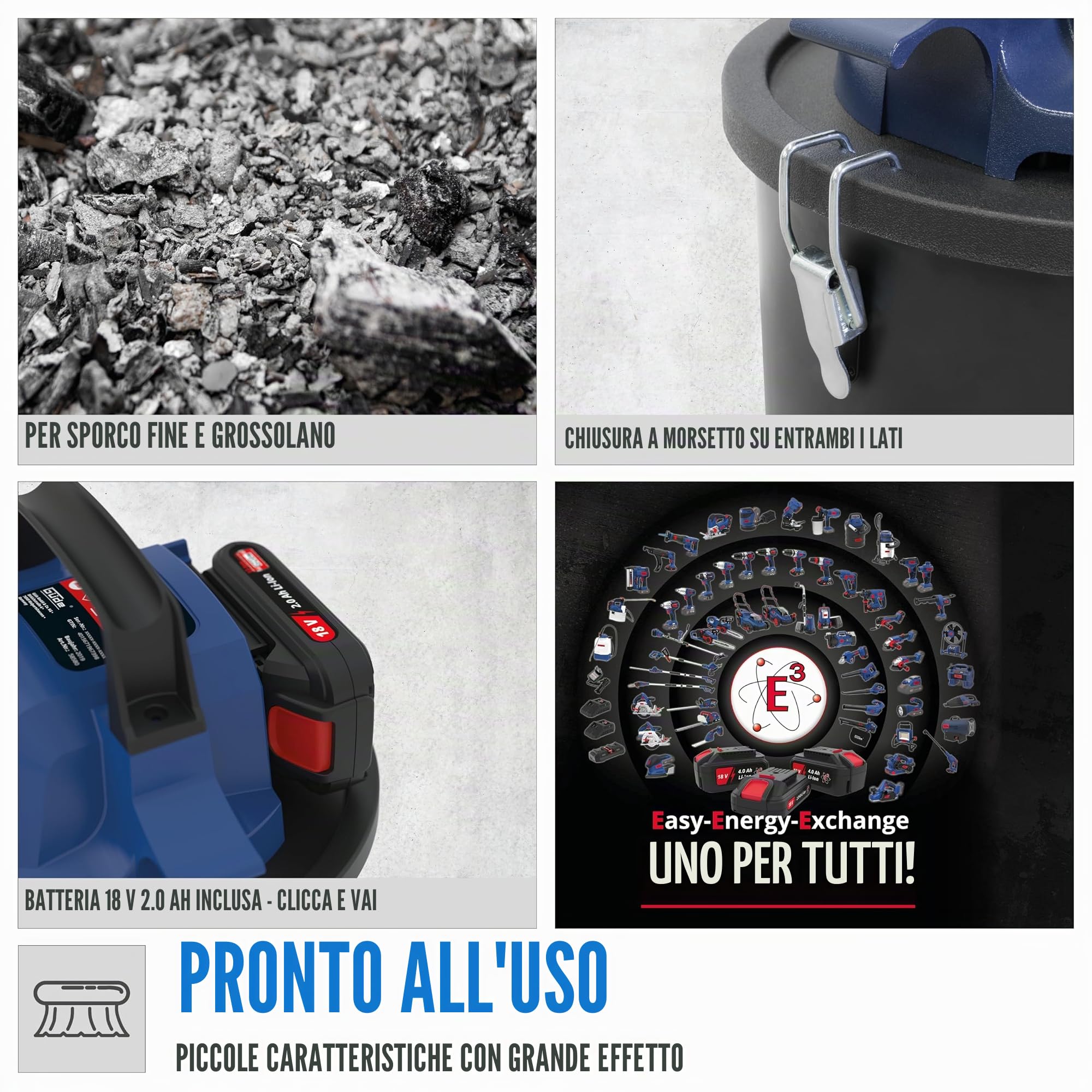 Güde 58580 aspiracenere a batteria AS 18-201-05 (18 V, massima pressione negativa: 80 mbar, lunghezza tubo: 1 m, volume contenitore: 15 l, diametro tubo: 30 mm, con filtro HEPA e batteria da 2,0 Ah