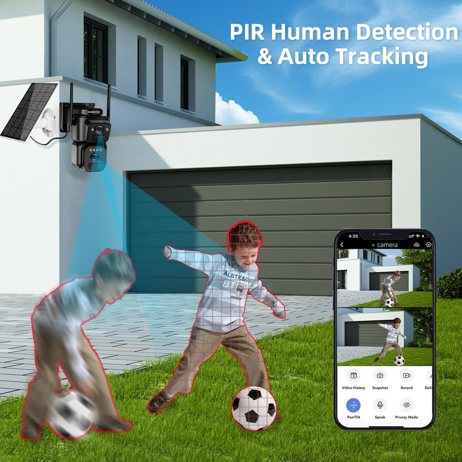 BEENOCAM Telecamera di sicurezza 2K wireless per esterni, 360 ° PTZ 6X Zoom telecamera solare wireless per esterni con rilevamento PIR, visione notturna a colori, allarme intelligente, WiFi a 2,4 GHz