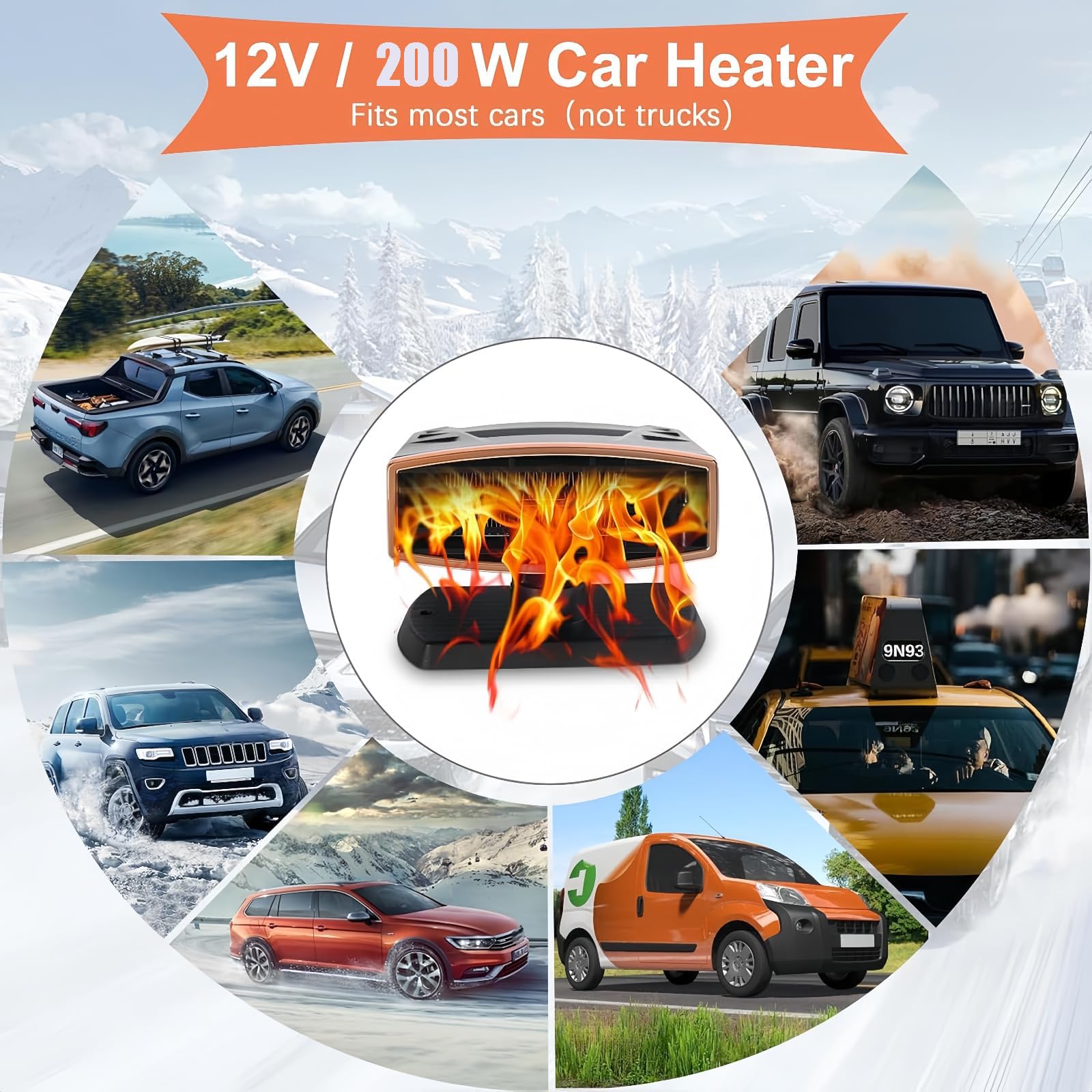 Autoheizung, 12V 200W Tragbarer Auto Heizlüfter, 2-in-1-Heiz/Kühlfunktion Schnelles Aufheizen, Auto-Entfroster Defroster mit 360°Drehung, Zigarettenanzünder-Stecker für Alle Autos