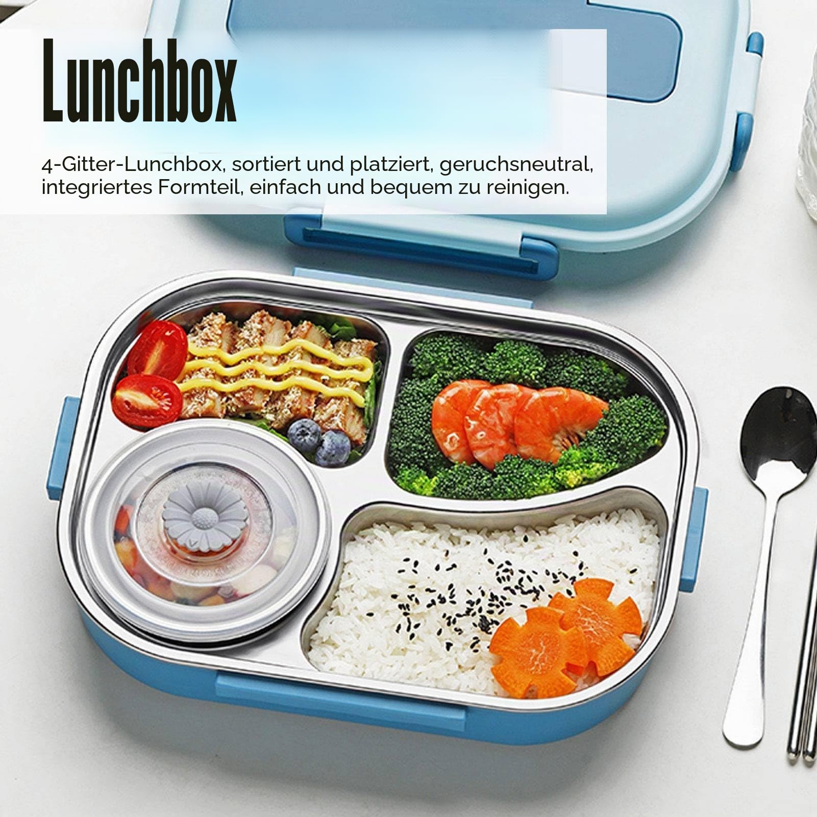 Tissting Edelstahl Lunchbox 4-Fach, 1500ml Brotdose Edelstahl Metall Bento Lunchbox Auslaufsichere Bento Box Brotzeitdose Vesperdose Brotbüchse für Studenten Erwachsene (with soup bowl: blue (spoon)
