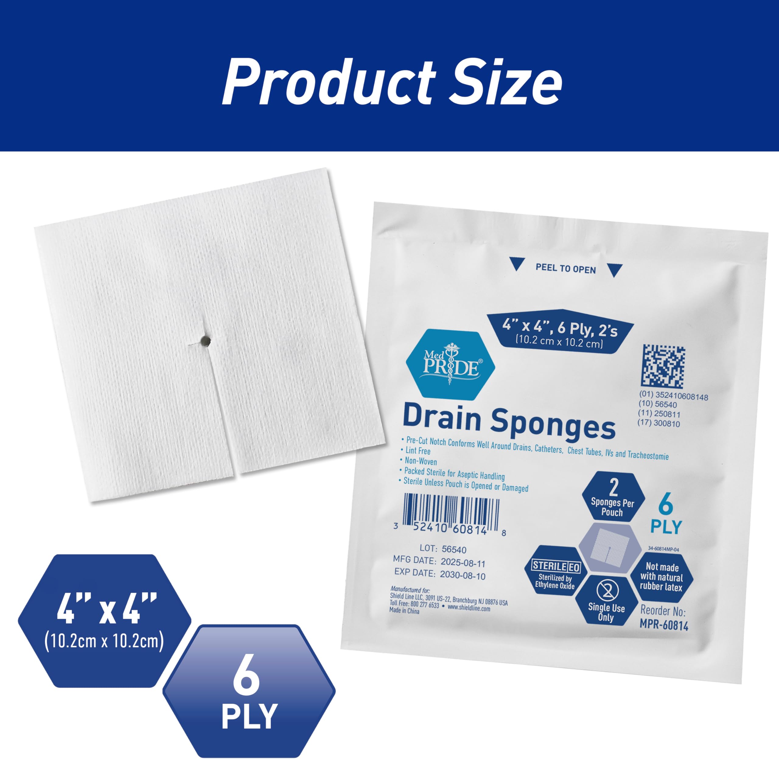 MED PRIDE Sterile Drain Sponges,4x4 in,6-Ply,Pre-Cut T-Slit,50-Count — Amazon image 2
