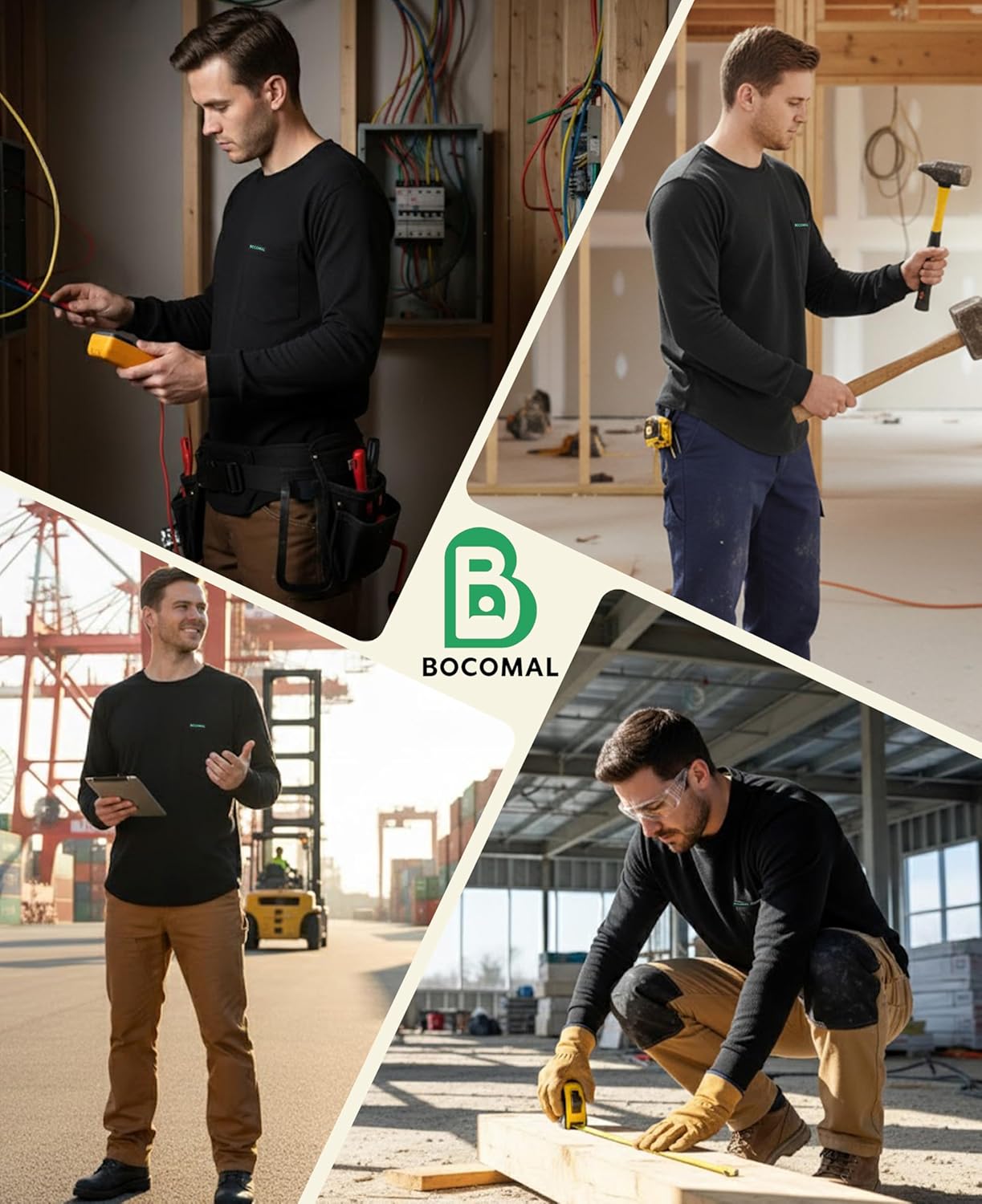 BOCOMAL Men's Long Sleeve Crewneck Work Shirt – Midweight Soft Cotton Tencel Blended Pocket Tee in a Relaxed Workwear Fit - Image 2