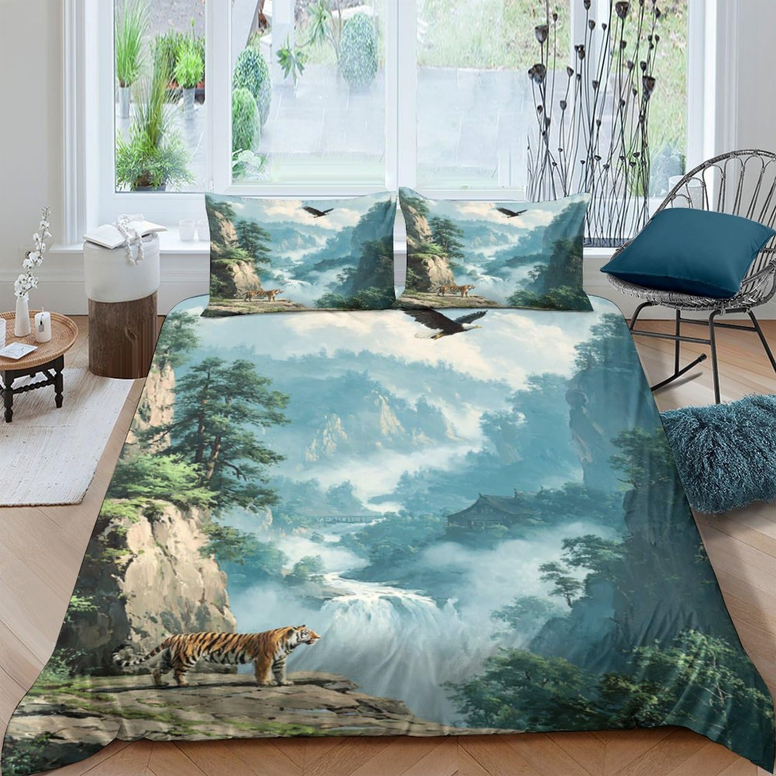Ctjqhvkz Style-5 3D Printed Mountain Forest Fitted Sheet Microfiber Soft Green Landscape Tiger Bed Cover For Bedroom Dorm Mattress Single（135X200cm）