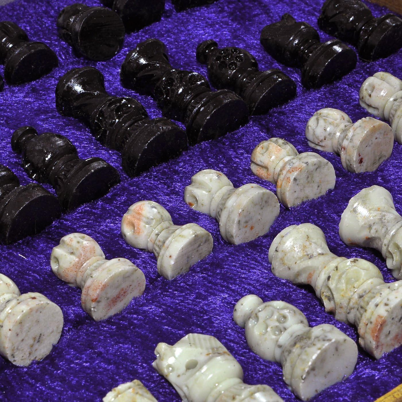 Wooden Chess Set Marble Pieces from India, 8"