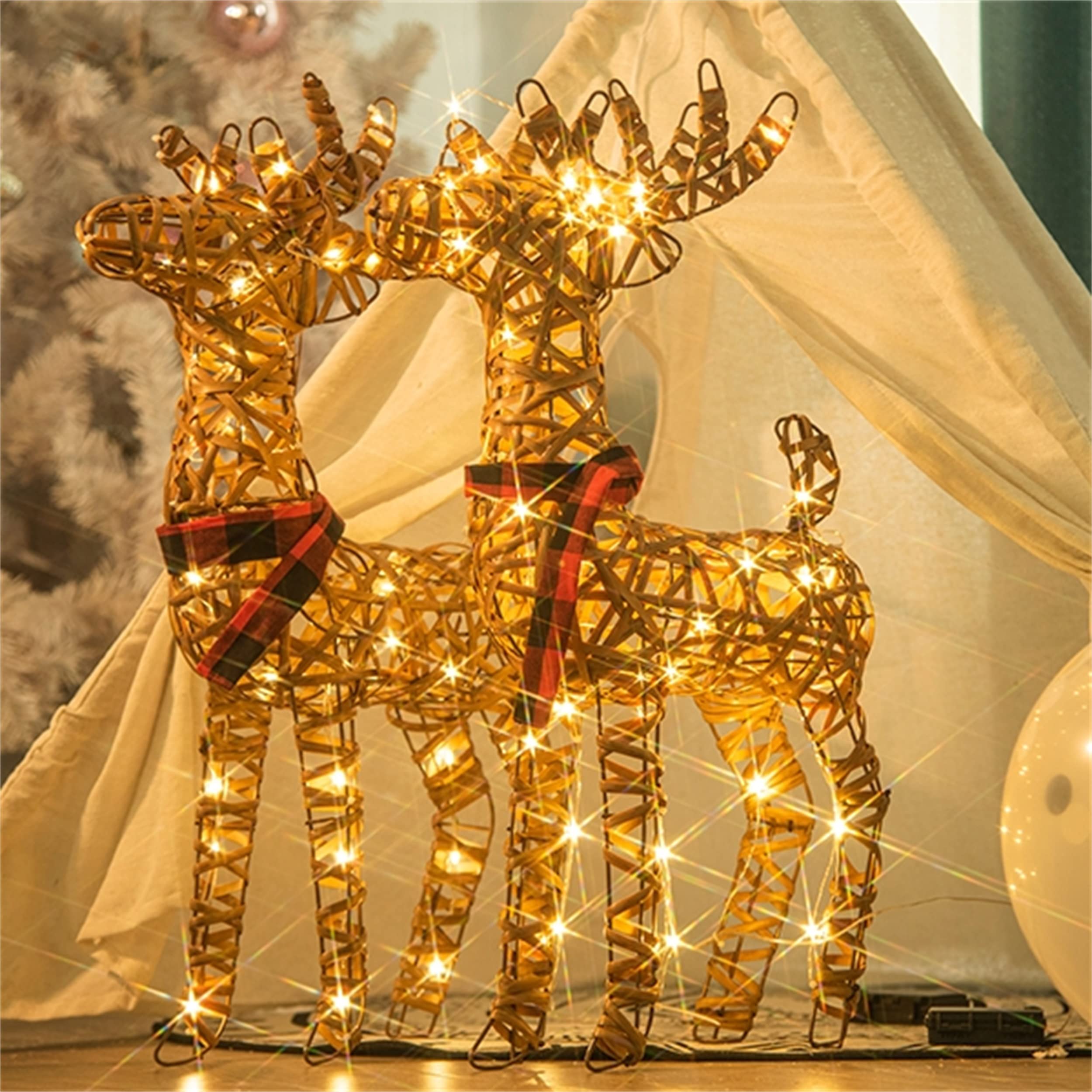 LED Weihnachtsfigur Rattan Rentier, REH Weihnachtsbeleuchtung mit Timer warmweiß, Hirsch Weihnachtsdeko für Außen und Innen Wohnzimmer Garten