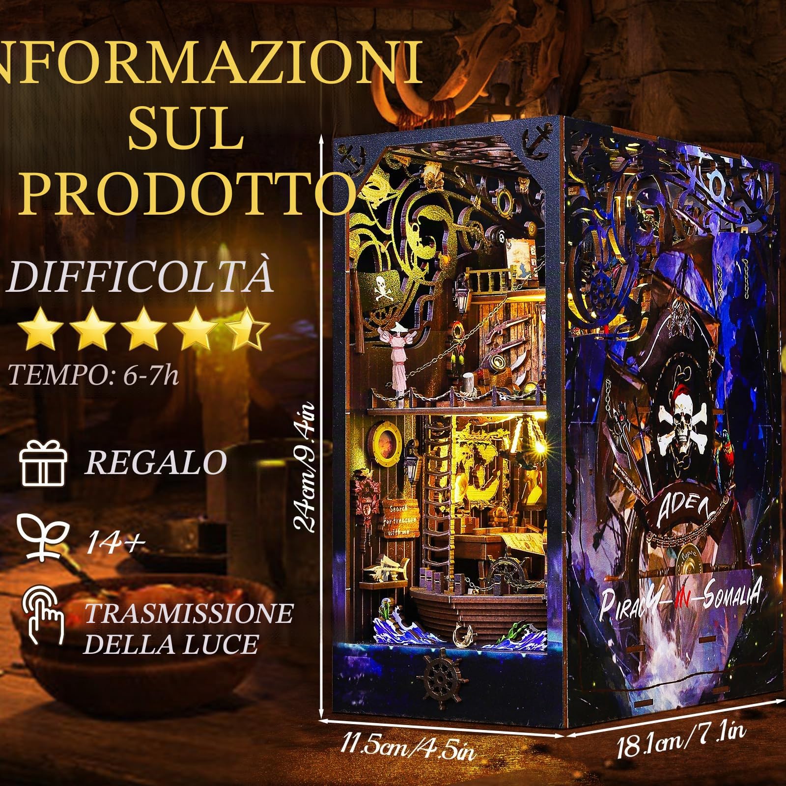 BuzzoXerex DIY Book Nook, DIY Casa in Miniatura Fermalibri in Legno 3D con Copertura Antipolvere, Luce LED Manuale per Arredare le Librerie e fare Regali Creativi (Aden)