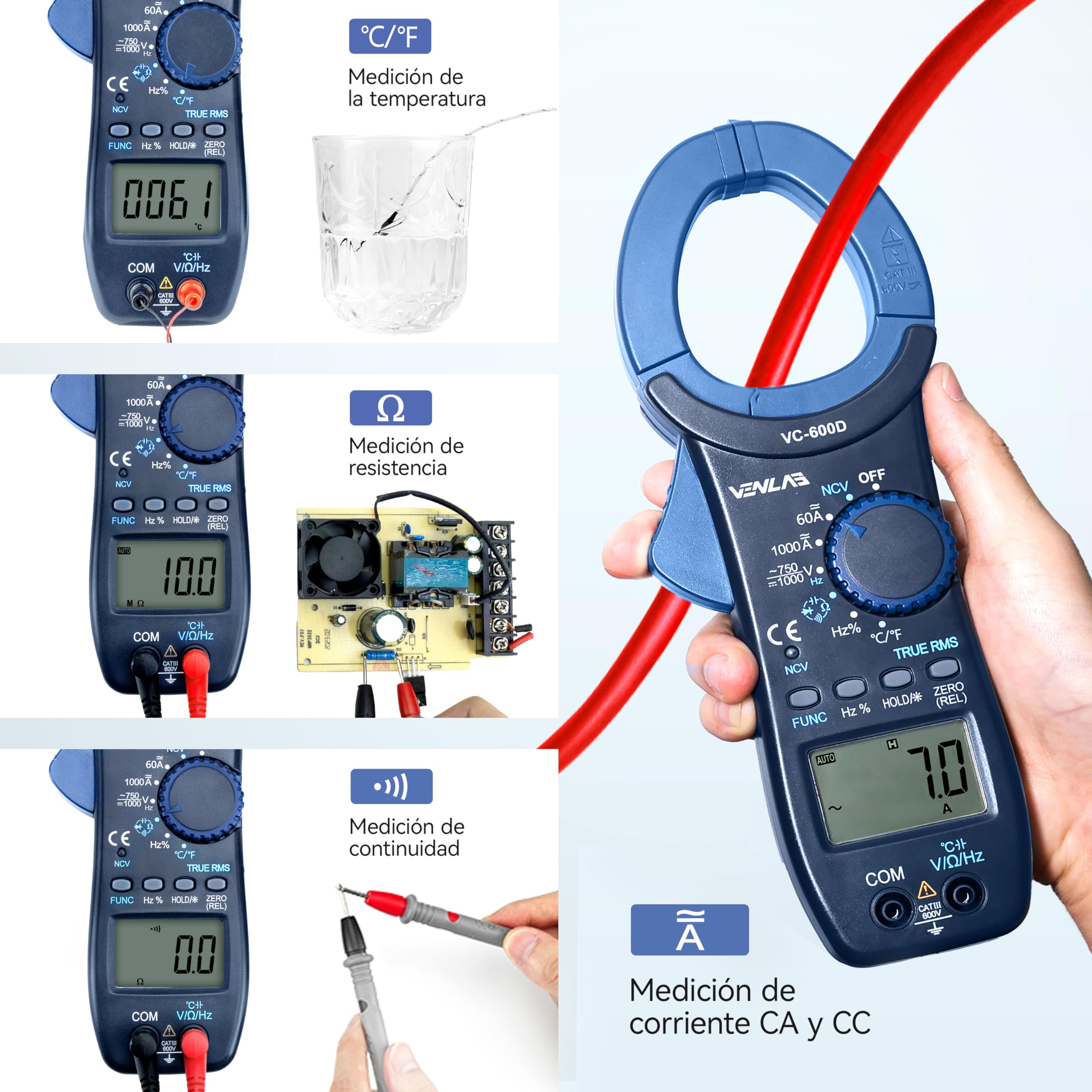VENLAB Pinza Amperimétrica CA/CC 1000A, TRMS 6000 Cuentas, Pinza de corriente Voltaje, Medir Corriente y Tensión CA/CC, NCV, Resistencia, Capacitancia, Diodos, Continuidad, Frecuencia, Temperatura
