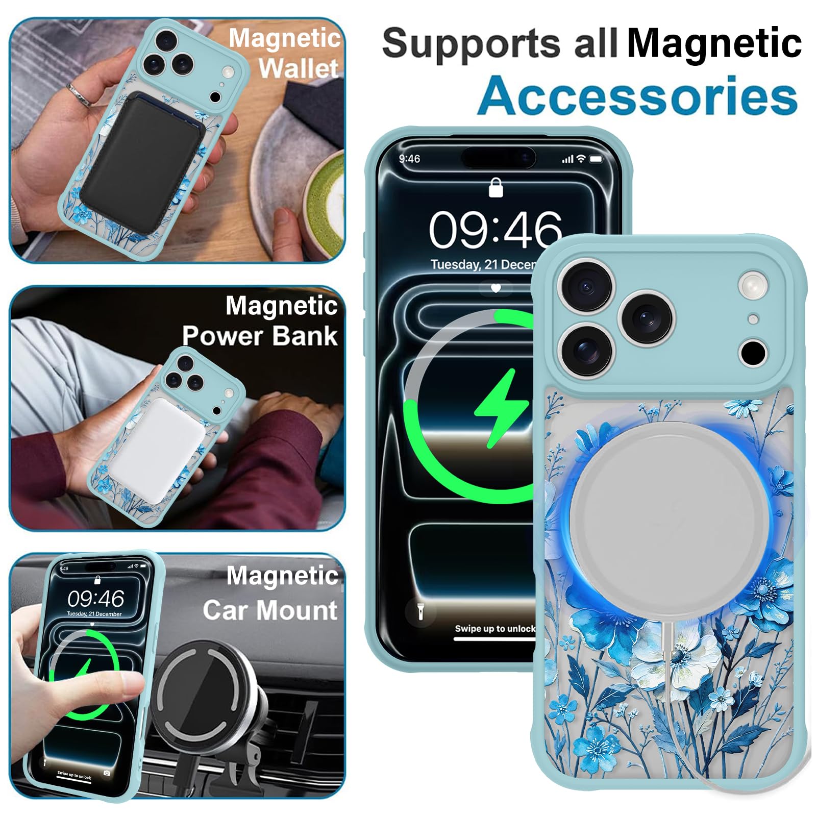 MZELQ Custodia magnetica per iPhone 17 Pro da 6,3 pollici, verde fiore