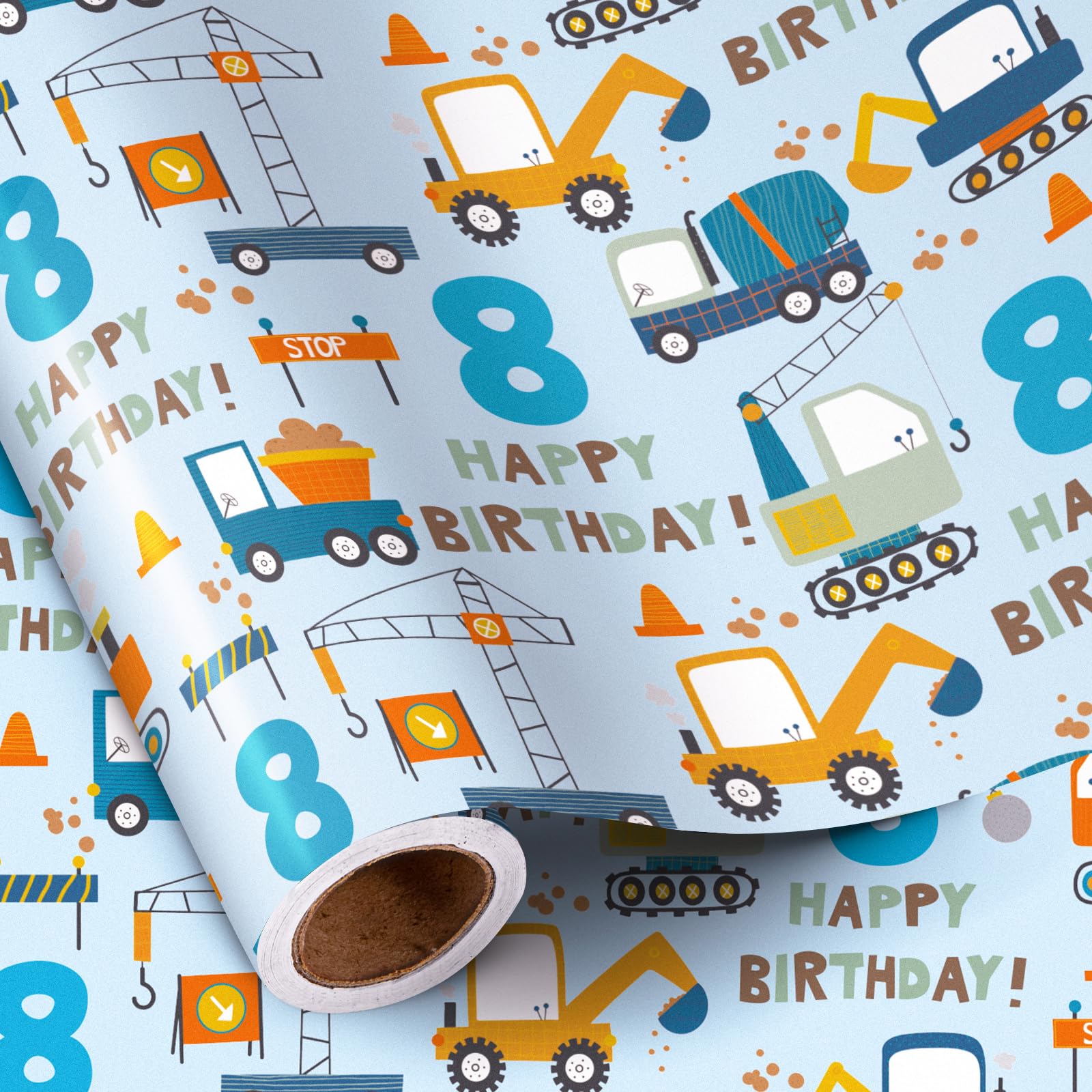 RUSPEPA 8th Birthday Wrapping Paper for Boy - Mini Roll - Blue Cartoon Cars Trucks and "Happy Birthday" Text Pattern- 43.2cm x 5m - 8 Years Old