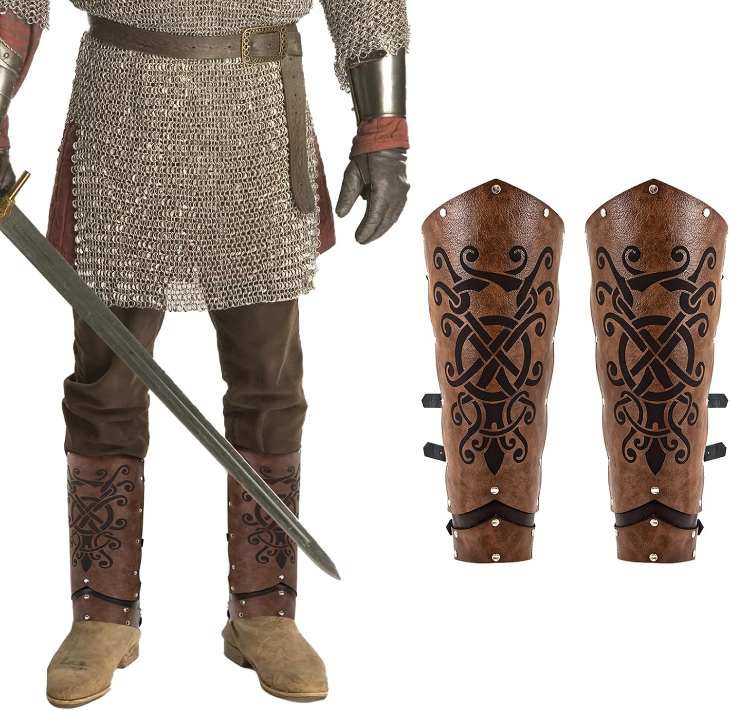 Medieval Boot Covers – Faux Leather Leg Armor with Crossed Sword & Scroll Patterns – Adjustable Renaissance Costume Men Accessories, Halloween Costumes, Cosplay Men Gear (Dark Brown)​