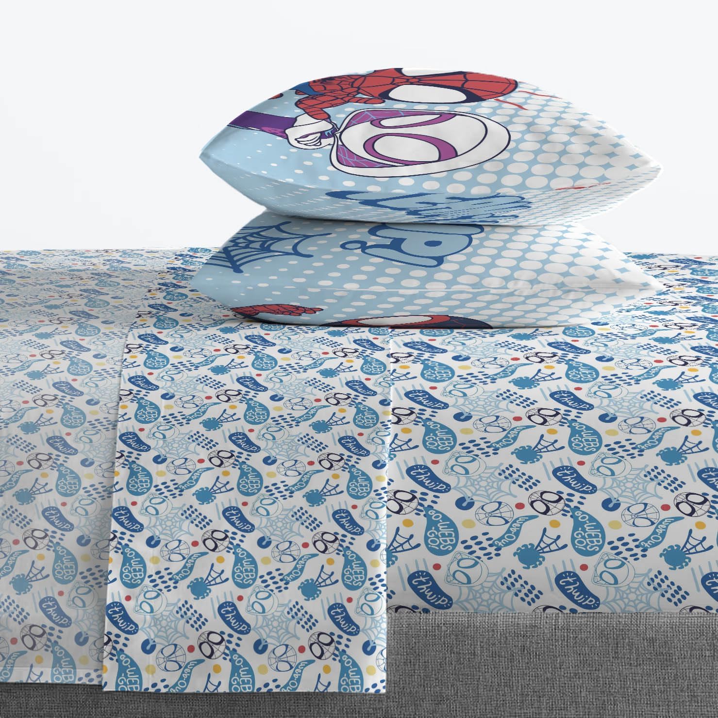 Jay Franco Kids Sheet Set with Fitted, Flat Sheets & Pillow Cover - Ultra-Soft Bedding with Pillowcase for Room Decor, Multi - Spidey & Friends, 4 Piece Queen