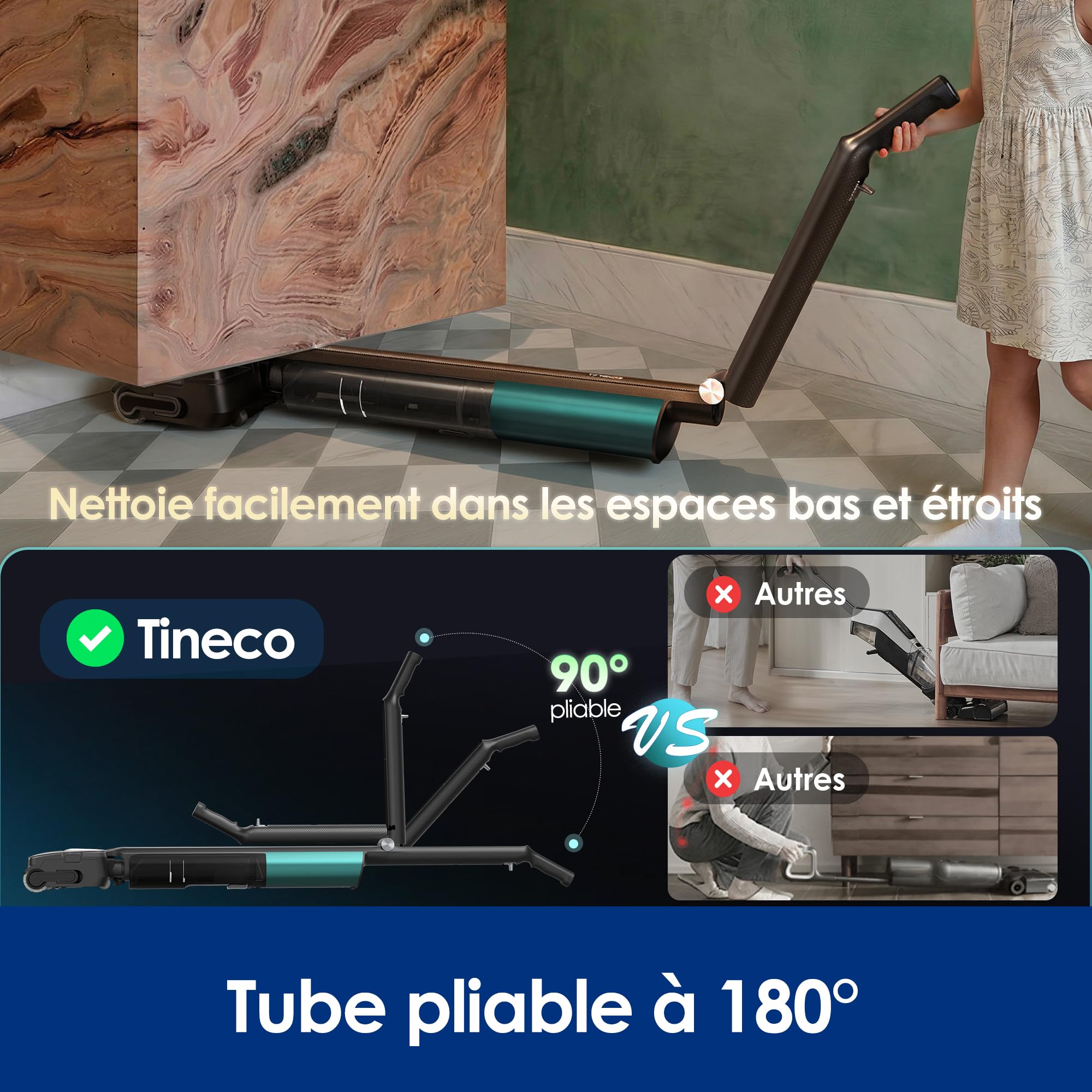 Tineco Floor One i7 Fold aspirateur Eau et poussière, Aspiration 22 kPa, Conception Anti-emmêlement DualBlock, FlashDry 85 ℃, autonomie 50 Min, Nettoyage des Bords Double Face, Design Plat à 180°