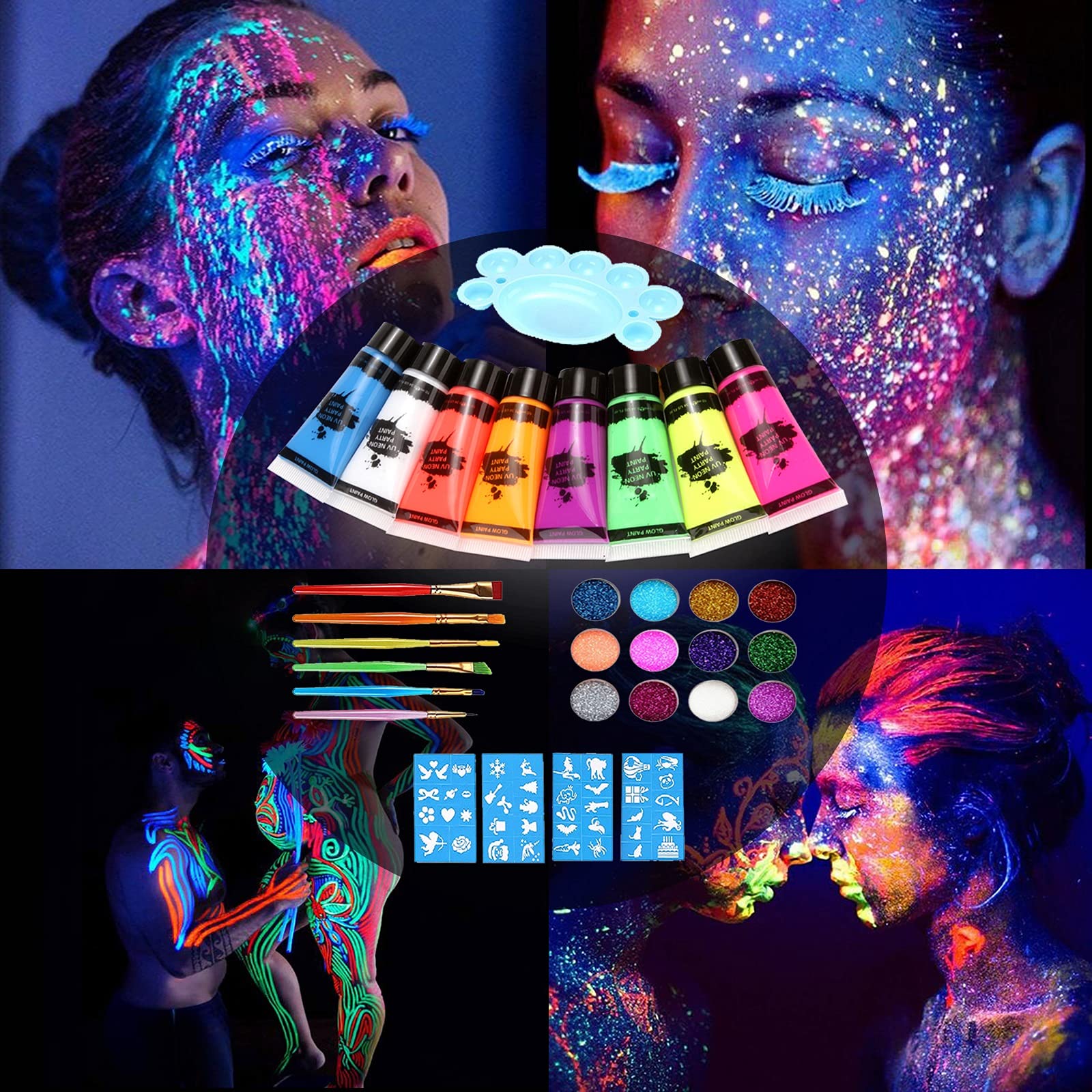 Buy Halloween 8 Colors UV Body Paint Set, Glow in The Dark Neon Face