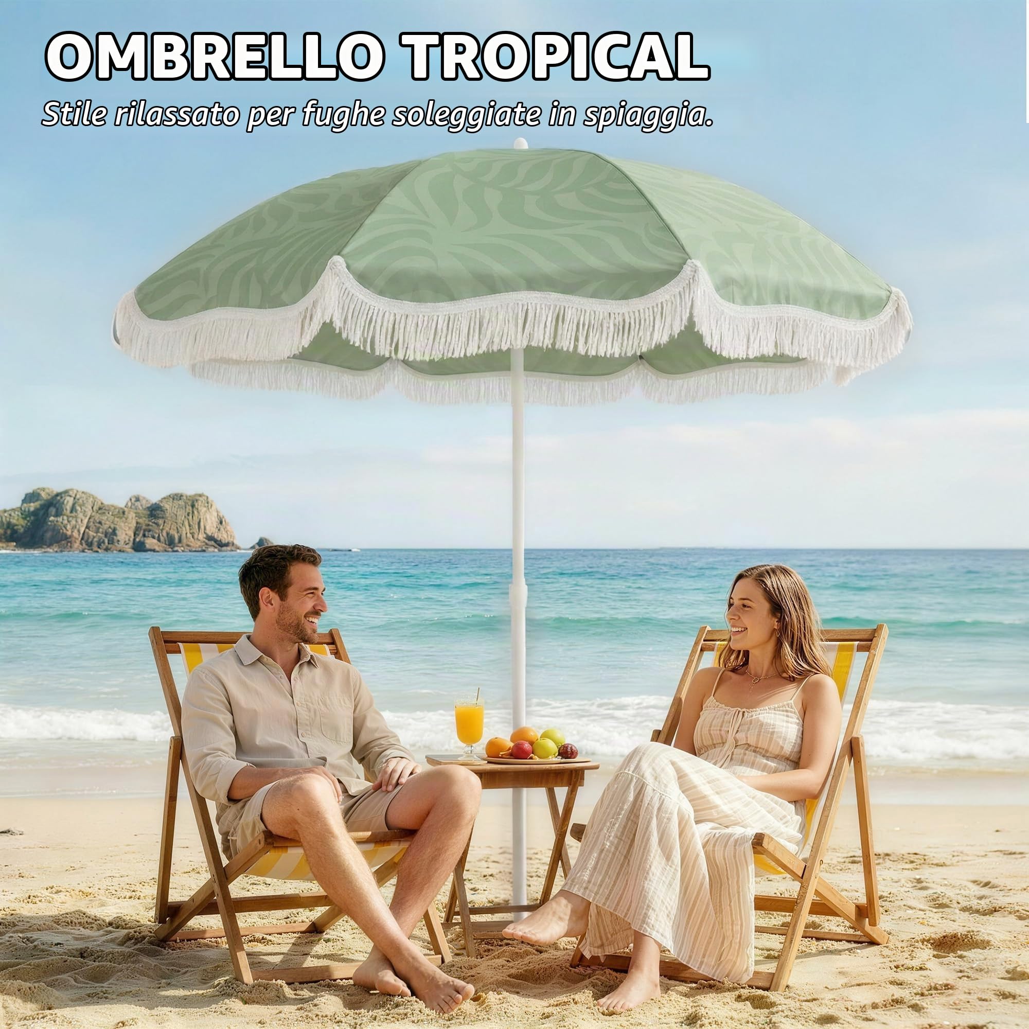 Outsunny 1.8 m Ombrellone spiaggia con ancora sabbia, portatile verde | Inclinazione 30°, Parasole frangiato, Ombra patio, Altezza regolabile, Borsa trasporto, Protezione UV, Motivo foglia