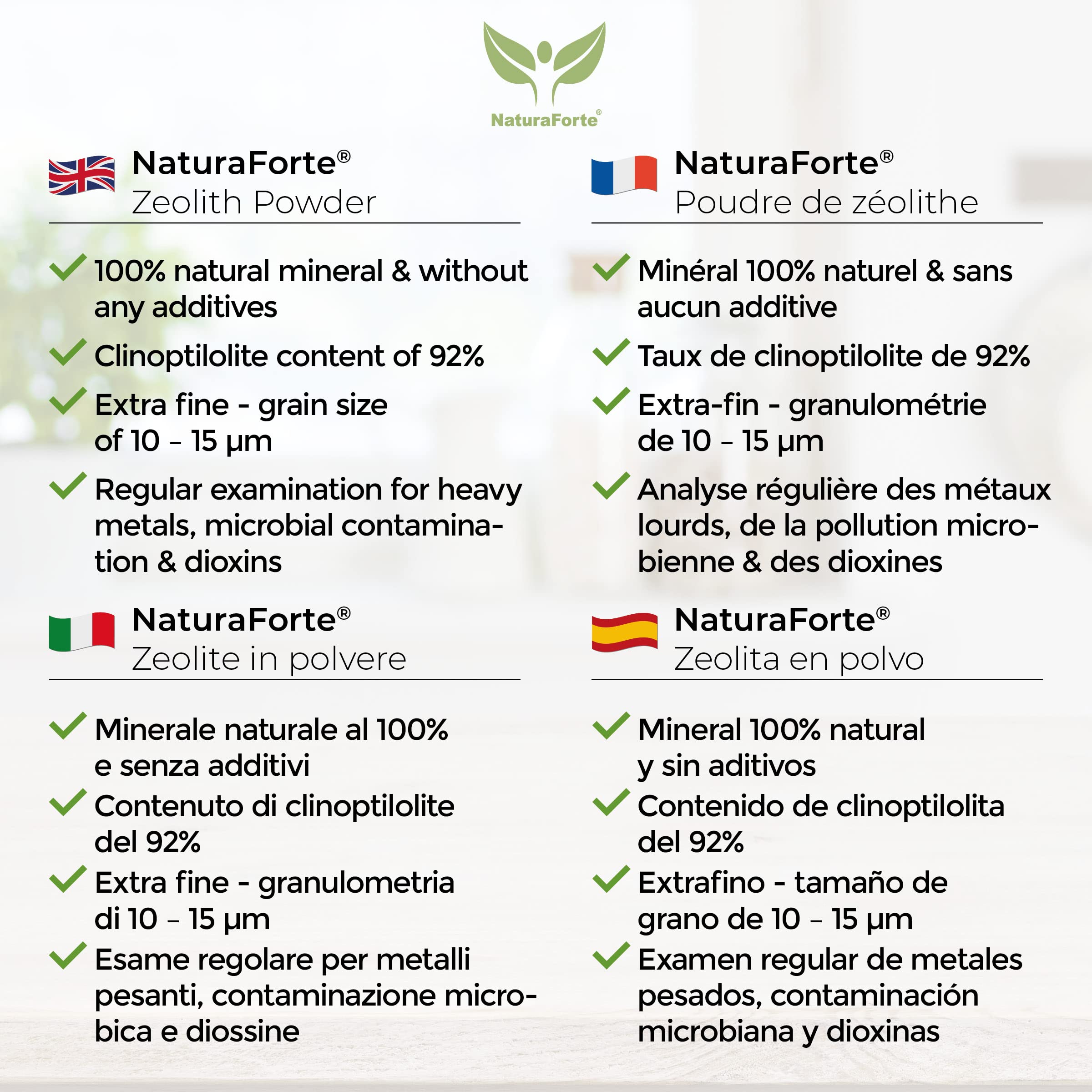 NaturaForte Zeolite in Polvere 500g - Clinoptilolite 92%, Terreno Extra fine in qualità Premium, Senza additivi, Roccia vulcanica Pura e Naturale, Testata e controllata in Germania
