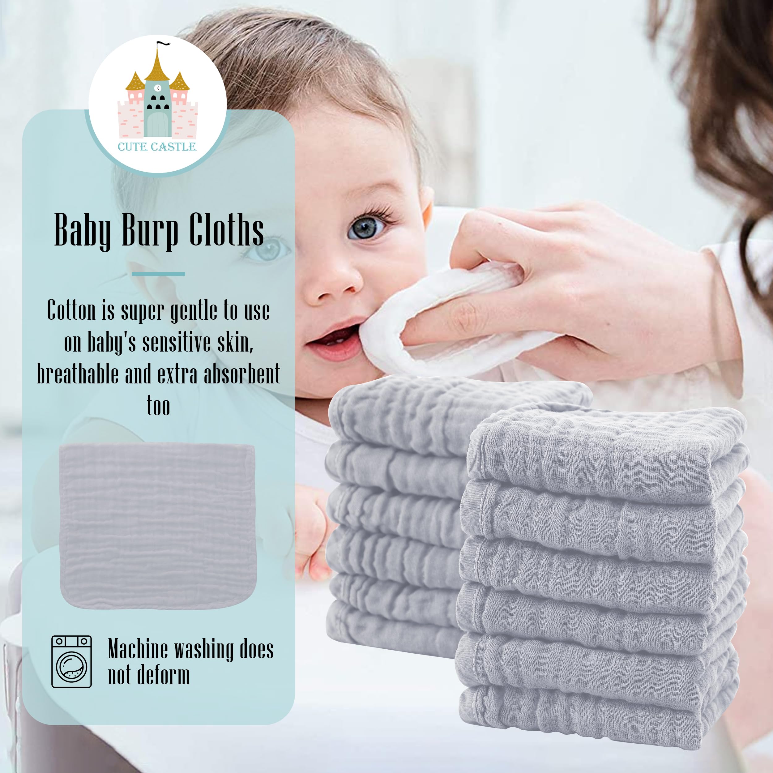 Cute Castle Paquete de 12 paños de muselina para eructos para bebé, ultrasuaves, 100 % algodón, paños grandes de 20 x 10 pulgadas, trapos para escupir leche súper absorbentes, paños para eructos