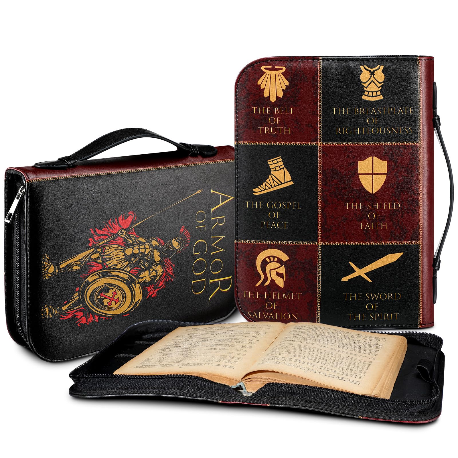 Resurhang Armor of God Large Bible Cover for Men with Faith Scripture and Handle Faux Leather Men Bible Case Book Cover Religious Appreciation Gift