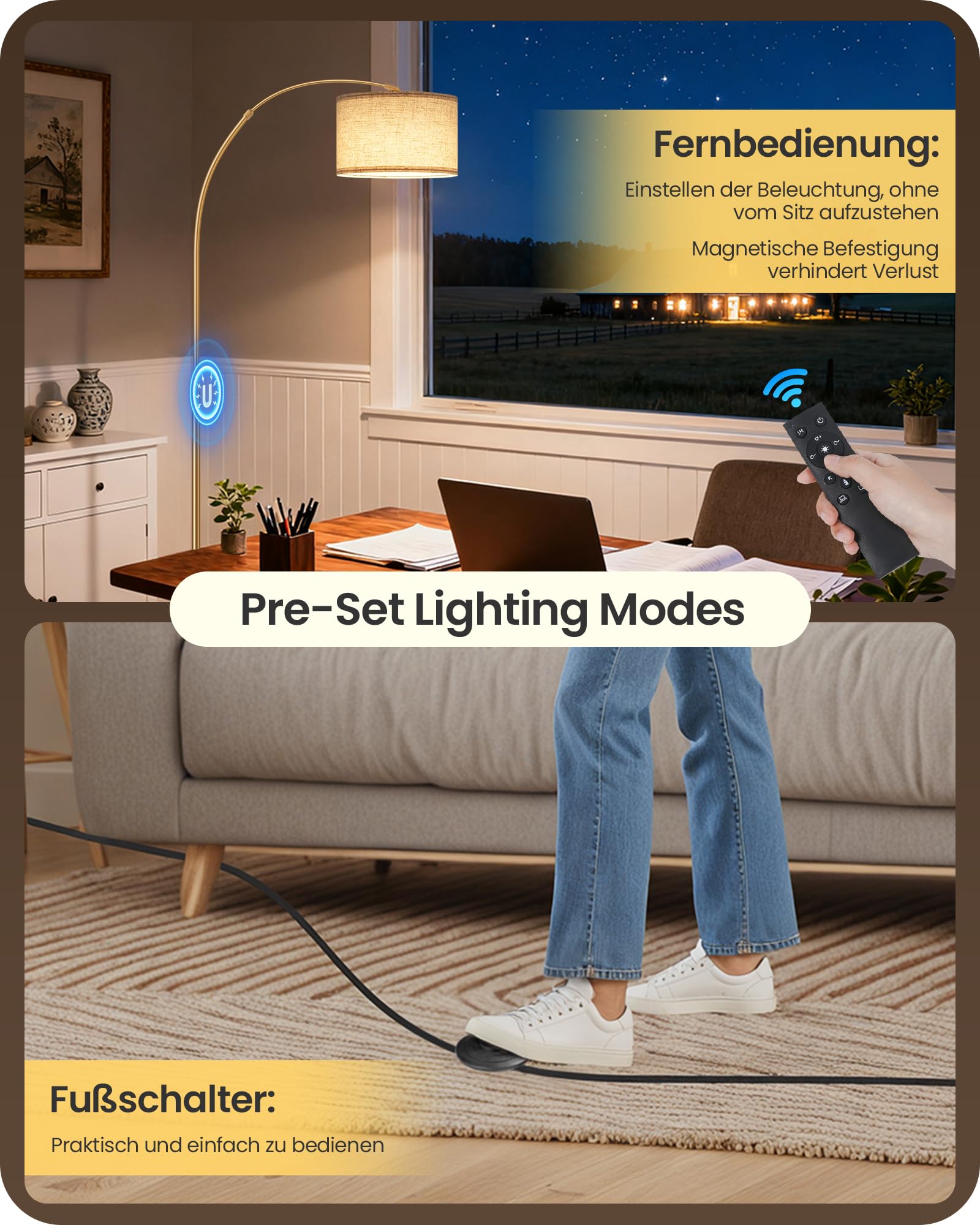 Lámpara de Pie Arco, Altura Ajustable 158-188cm, con Bombilla LED y Mando, Tegulación Continua de Brillo y 3CCT, Luz Direccional con Cabezal Orientable y Base Pesada, Beige y Oro